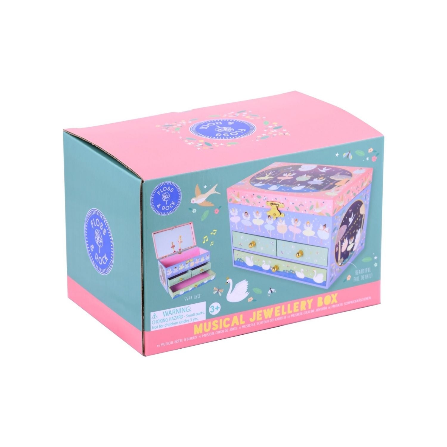 A musical jewellery box with 3 drawers, illustrated with ballerinas and swans, packaged in a box.