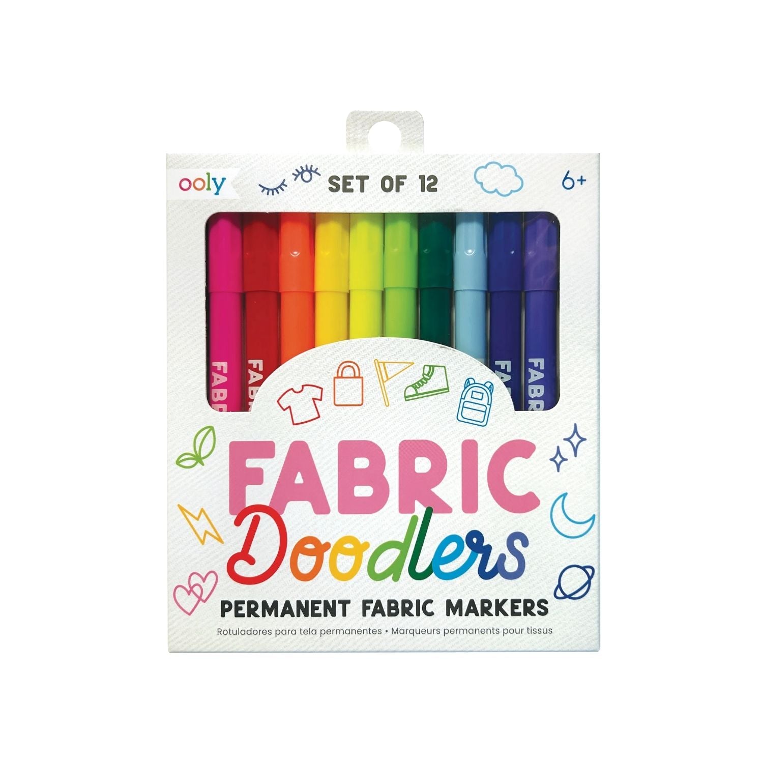 Pack of Ooly Fabric Doodlers permanent fabric markers with colorful markers inside.