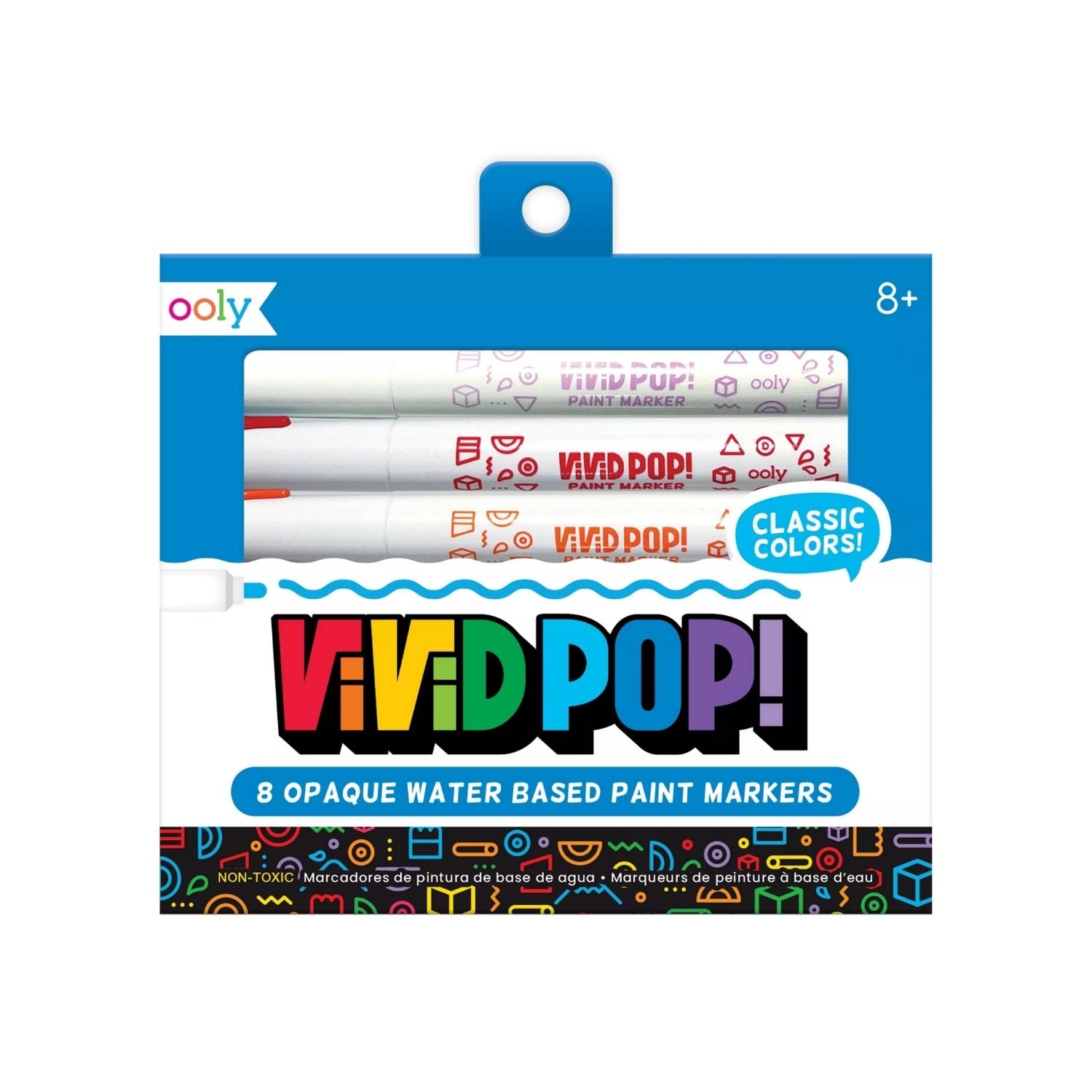 A pack of Vivid Pop! Water Based Paint Markers containing 8 opaque colors. The packaging is predominantly white with colorful text and graphics, and is labeled for classic colors.