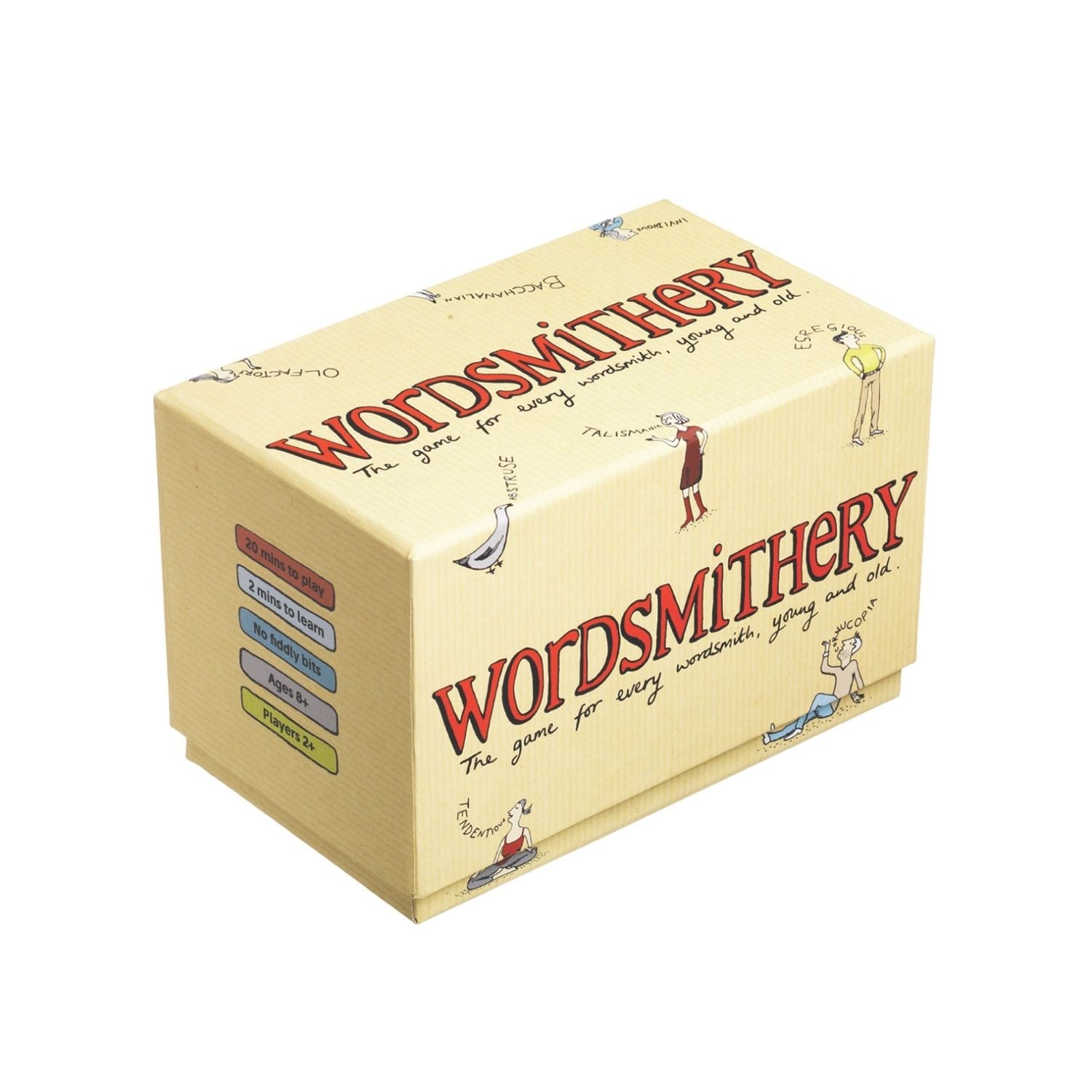 A board game box with the title 'WORDSMITHERY' displayed on it, featuring cartoon illustrations of people with words, and a label with 'The Game of Wordsmithery' written on it.