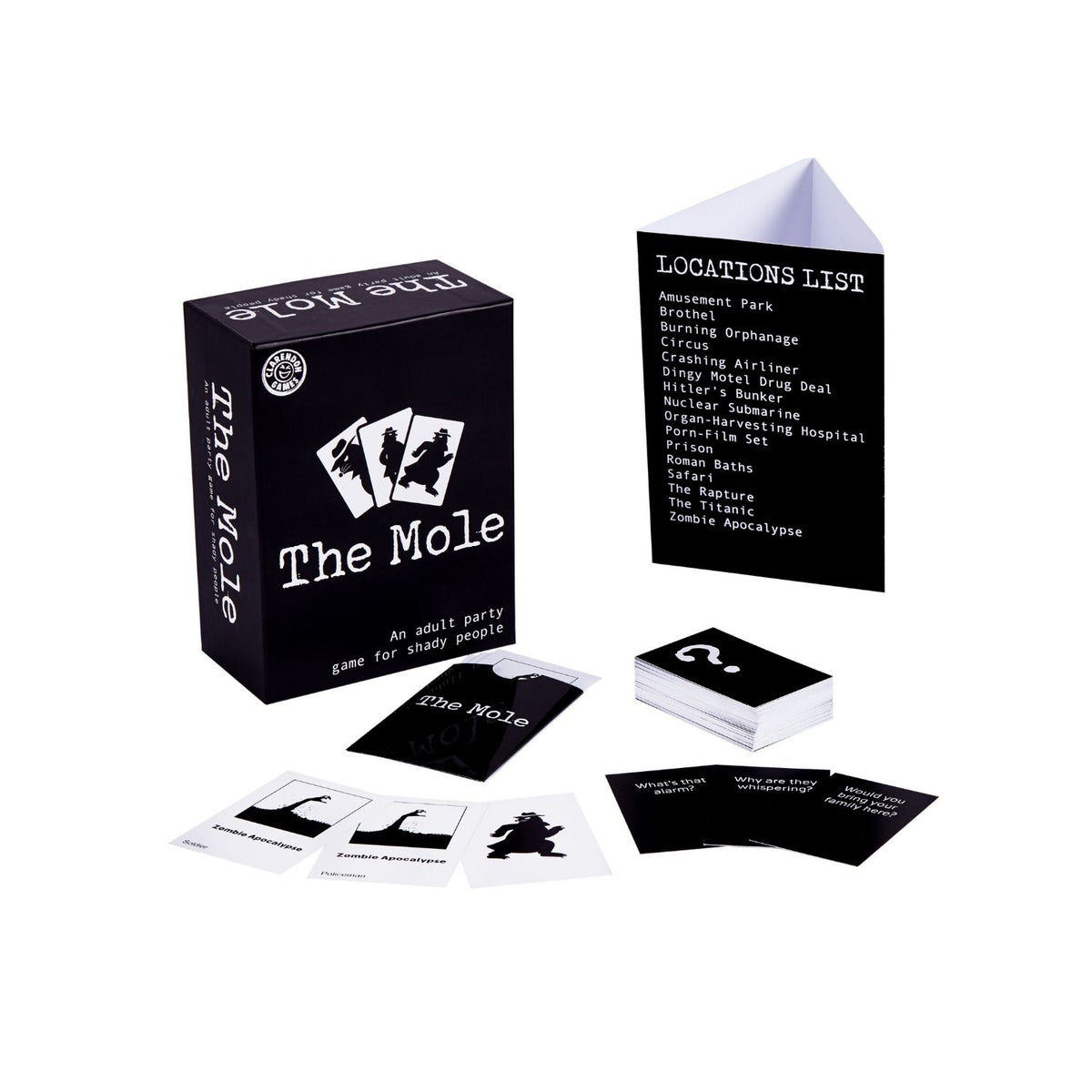 The Mole- adult party game for shady people. Contents laid out 