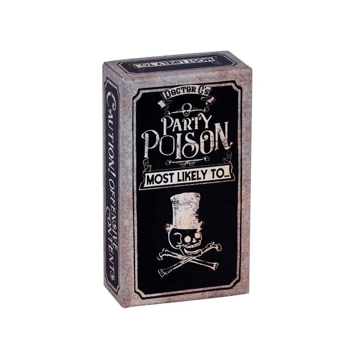 A boxed party game called &#39;Party Poison - Most Likely To&#39; with a dark and vintage-style design, featuring a skull and crossbones symbol.