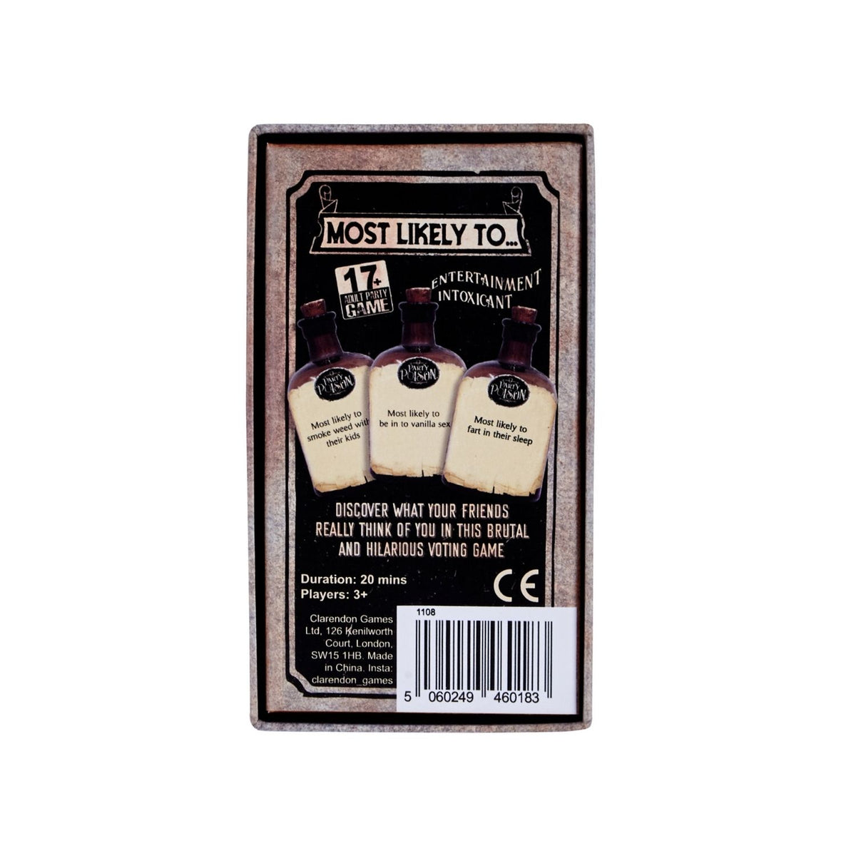 A boxed party game called &#39;Party Poison - Most Likely To&#39; with a dark and vintage-style design, featuring a skull and crossbones symbol.