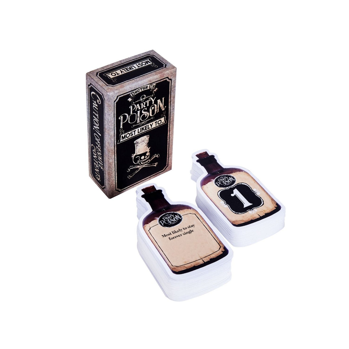 A boxed party game called &#39;Party Poison - Most Likely To&#39; with a dark and vintage-style design, featuring a skull and crossbones symbol.