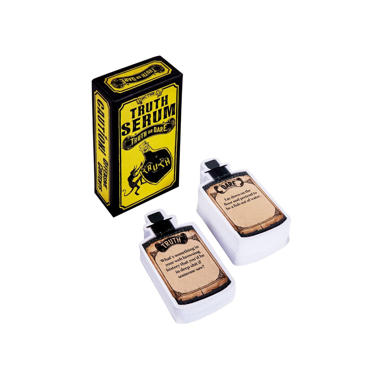 The image shows a set of &#39;Truth Serum&#39; cards, with one cardboard box and two bottles, labeled &#39;Truth Serum&#39; and &#39;The Truth&#39;, placed next to each other.