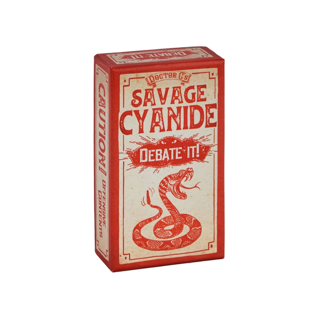 The image shows a red box of the board game &#39;Savage Cyanide - Debate It!&#39; with a graphic of a snake on the front, and text that includes the game&#39;s title and the phrase &#39;CAUTION: This game contains explicit content&#39;.