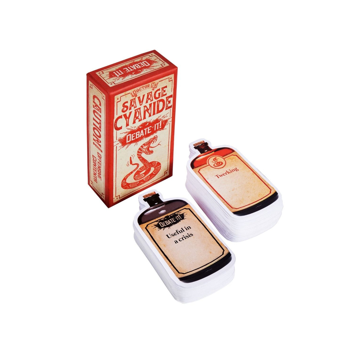 The image shows a red box of the board game &#39;Savage Cyanide - Debate It!&#39; with a graphic of a snake on the front, and text that includes the game&#39;s title and the phrase &#39;CAUTION: This game contains explicit content&#39;.
