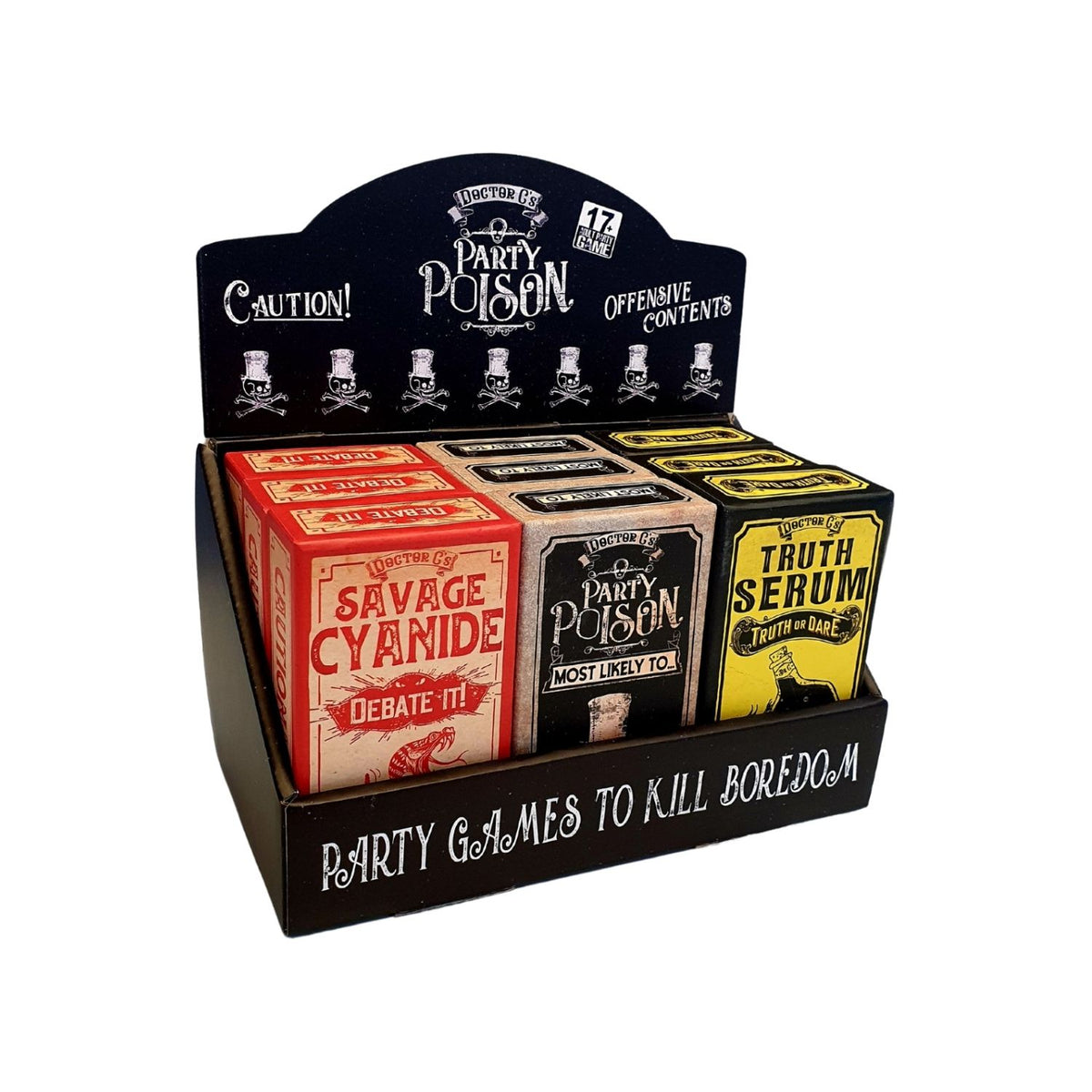 Display of party game boxes with humorous and provocative names on a white background.