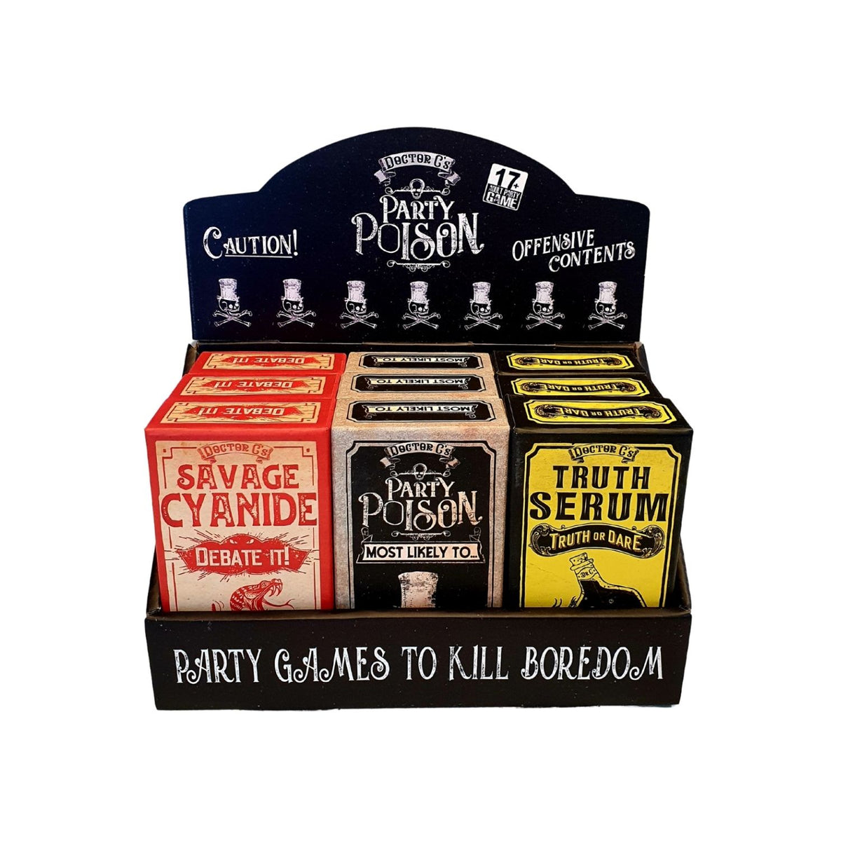 Display of party game boxes with humorous and provocative labels on a white background.