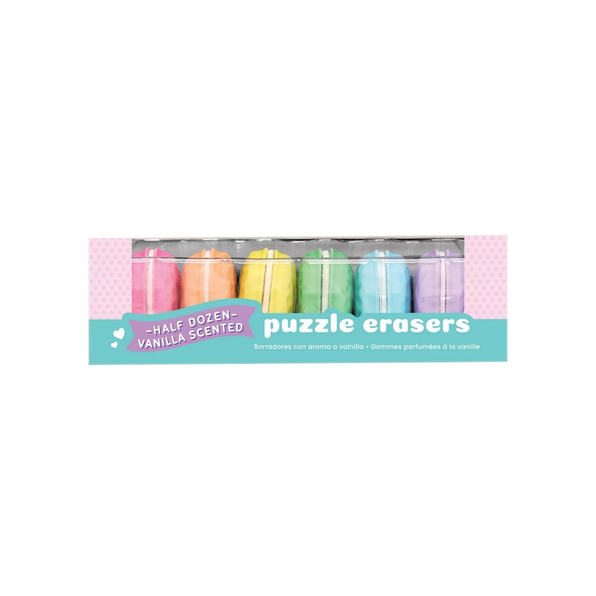 A pack of six multicolored macaron-shaped erasers with vanilla scent, branded by ooly, packaged in a clear plastic box with a pink background.
