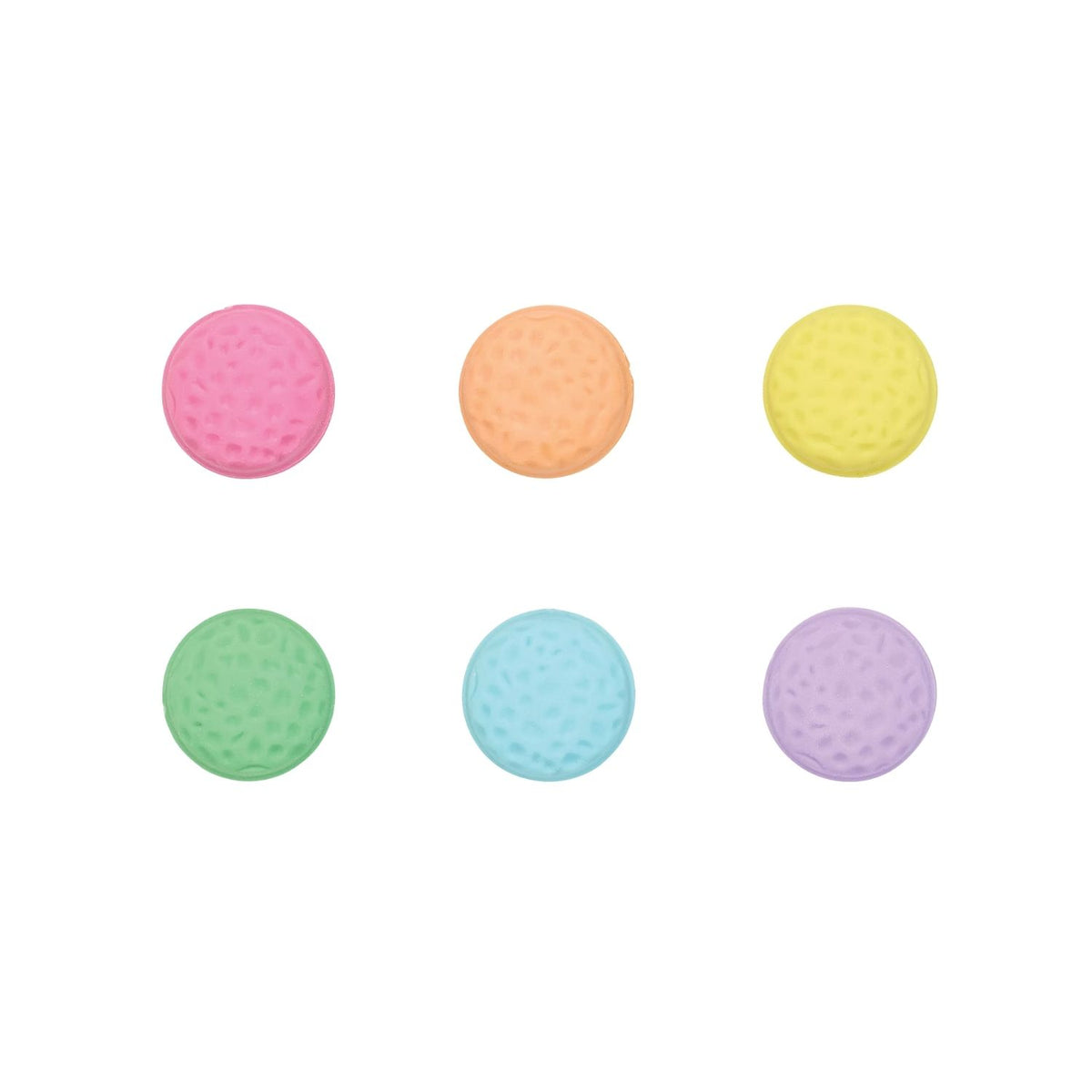 A pack of six multicolored macaron-shaped erasers with vanilla scent, branded by ooly, packaged in a clear plastic box with a pink background.