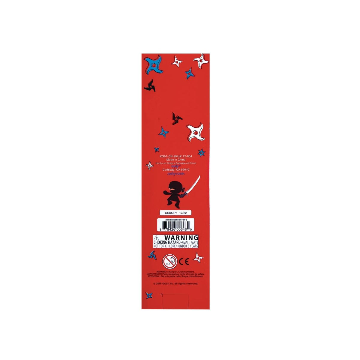 A set of three ninja-themed erasers in blue, red, and black colors packaged in a red box with a clear plastic window displaying the items.