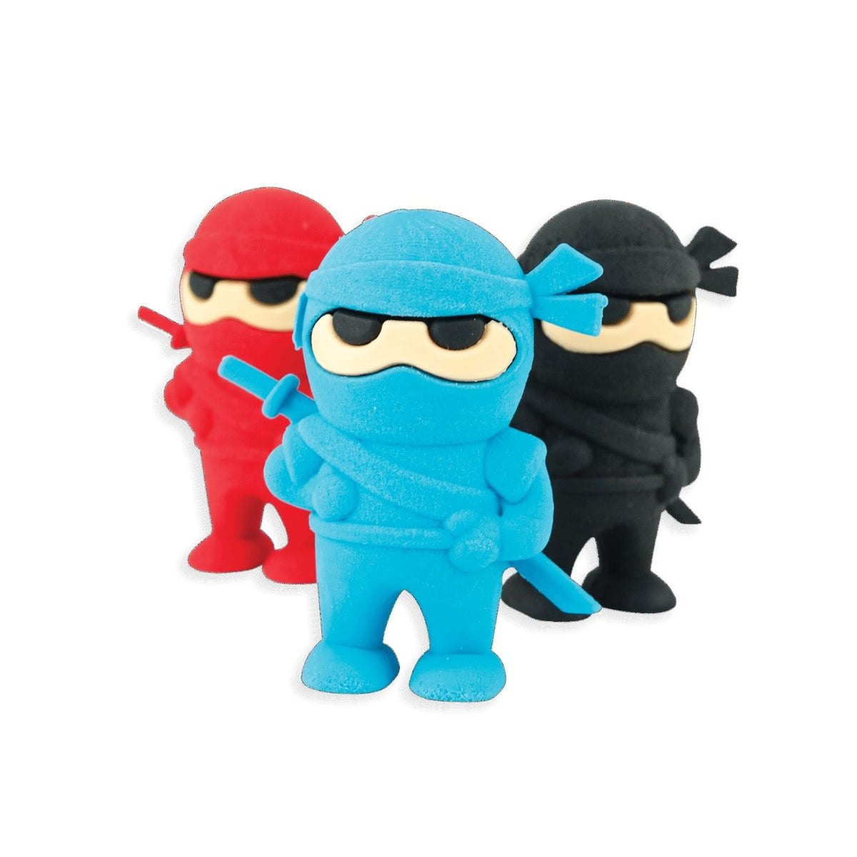 A set of three ninja-themed erasers in blue, red, and black colors packaged in a red box with a clear plastic window displaying the items.