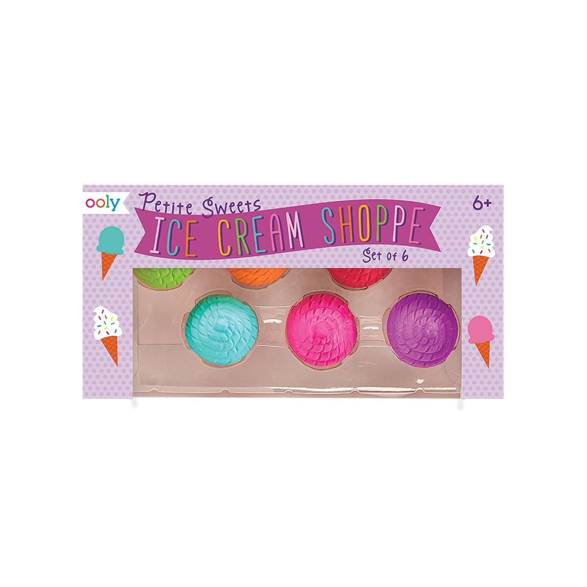 A package of Petite Sweets Ice Cream Shoppe Scented Erasers with three erasers visible, resembling different flavors of ice cream cones, displayed in a pink and purple box designed to look like an ice cream truck.