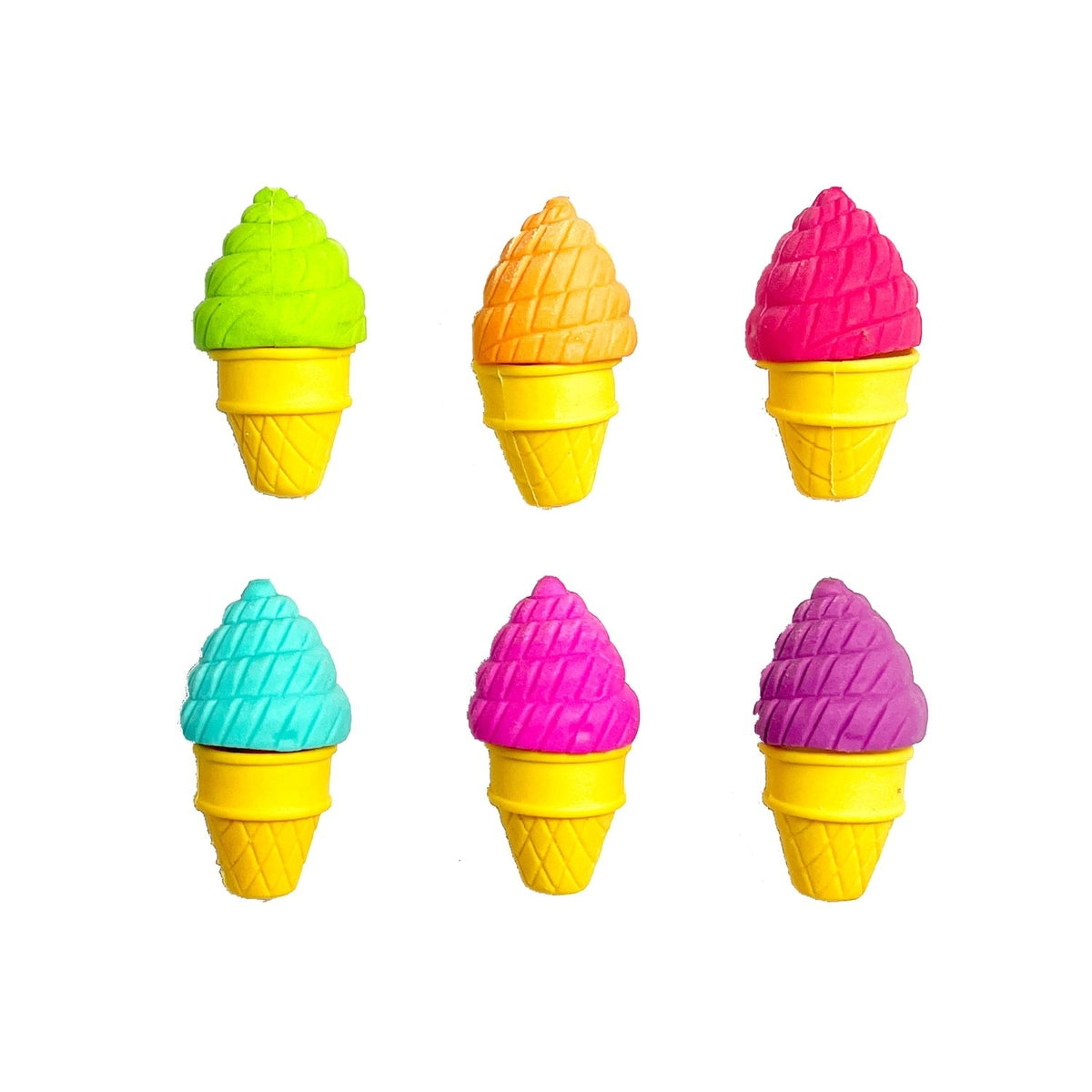 A package of Petite Sweets Ice Cream Shoppe Scented Erasers with three erasers visible, resembling different flavors of ice cream cones, displayed in a pink and purple box designed to look like an ice cream truck.