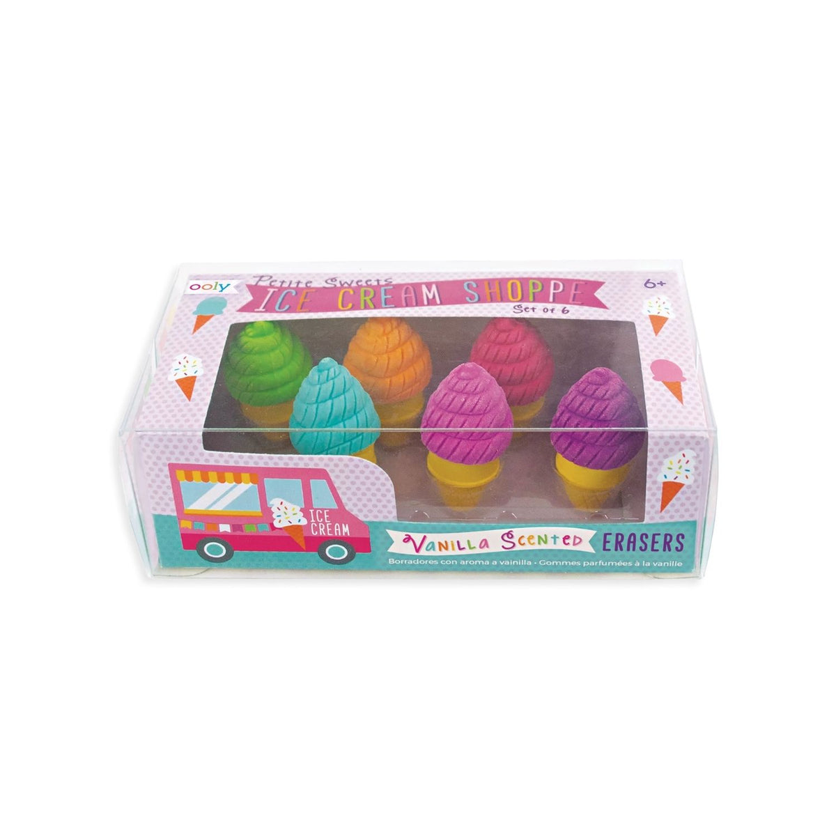 A package of Petite Sweets Ice Cream Shoppe Scented Erasers with three erasers visible, resembling different flavors of ice cream cones, displayed in a pink and purple box designed to look like an ice cream truck.