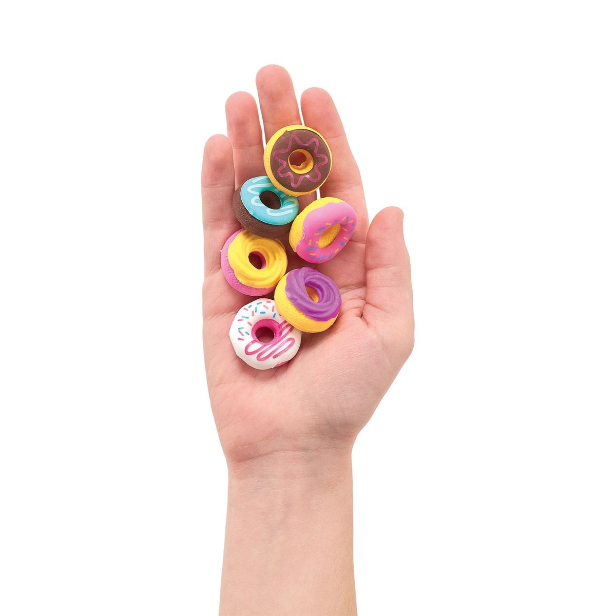 A hand holding &#39;Dainty Donuts&#39; scented erasers by ooly, containing six different colored donut-shaped erasers, each with a vanilla scent.