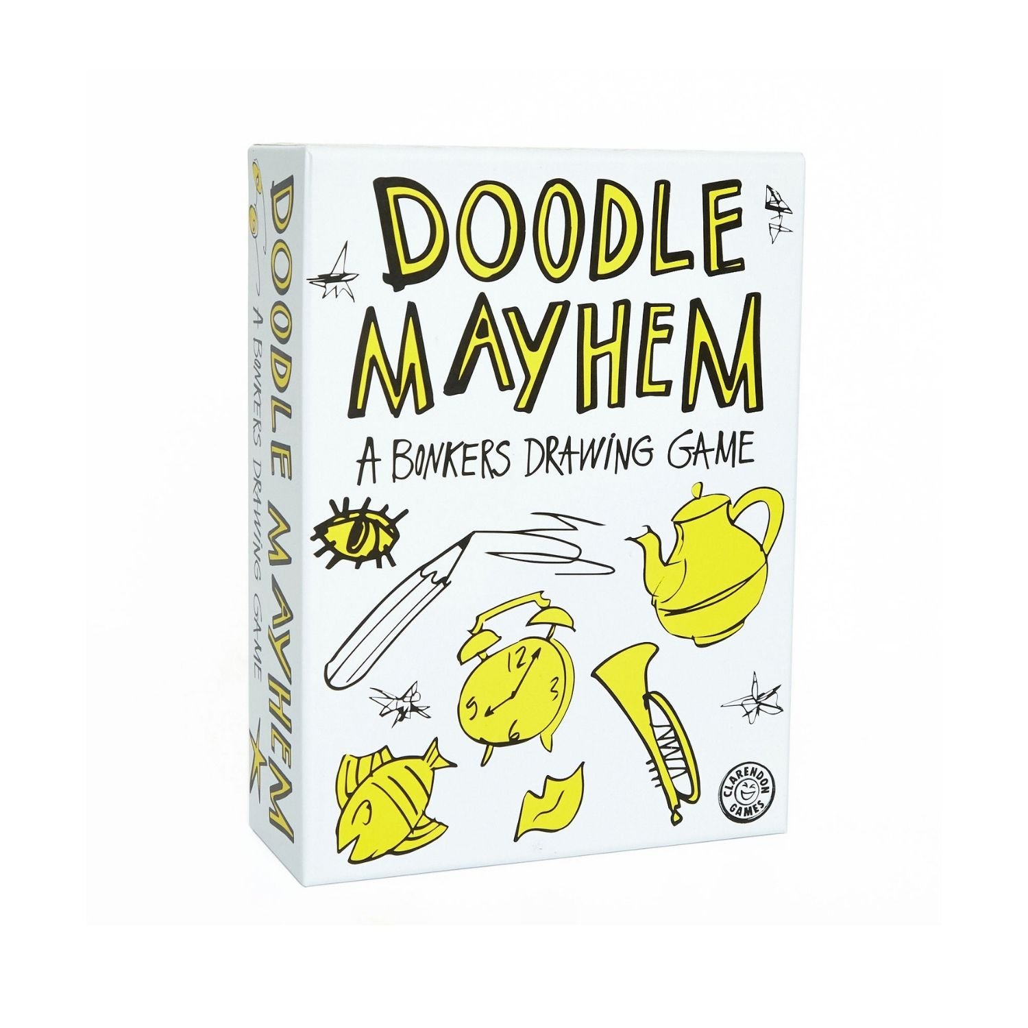 The image shows the box of the 'Doodle Mayhem' bankers drawing game. It features a white background with doodle-style illustrations of various objects and characters, such as a clock, a shoe, and a musical instrument, in a colorful and playful design.