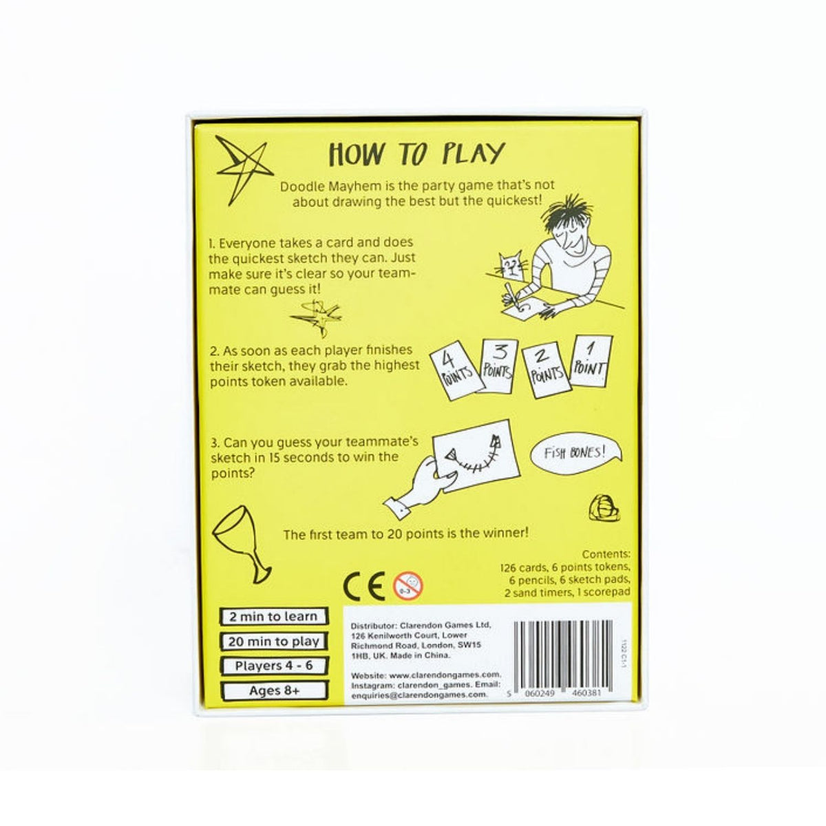 The image shows the box of the &#39;Doodle Mayhem&#39; bankers drawing game. It features a white background with doodle-style illustrations of various objects and characters, such as a clock, a shoe, and a musical instrument, in a colorful and playful design.