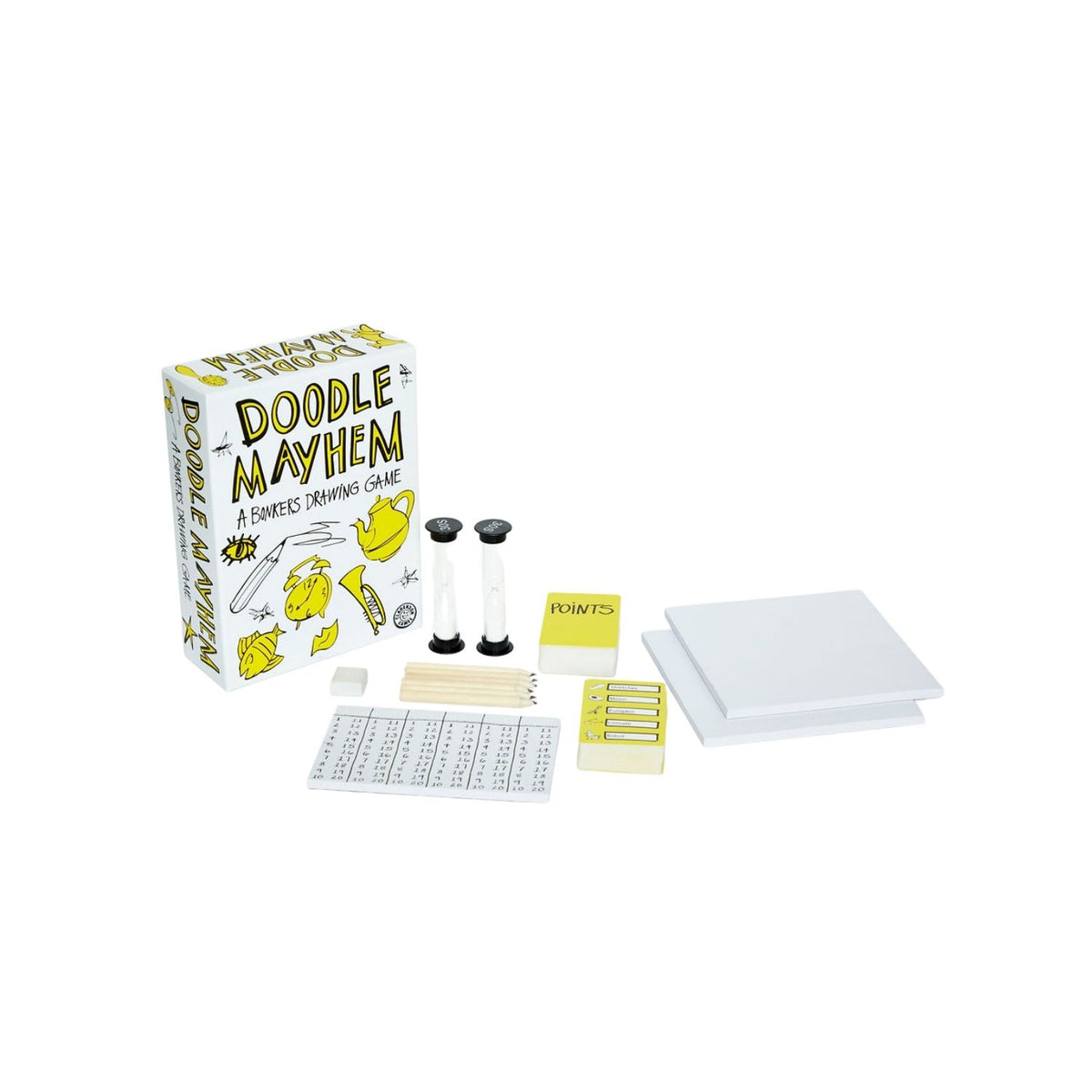 The image shows the box of the &#39;Doodle Mayhem&#39; bankers drawing game. It features a white background with doodle-style illustrations of various objects and characters, such as a clock, a shoe, and a musical instrument, in a colorful and playful design.