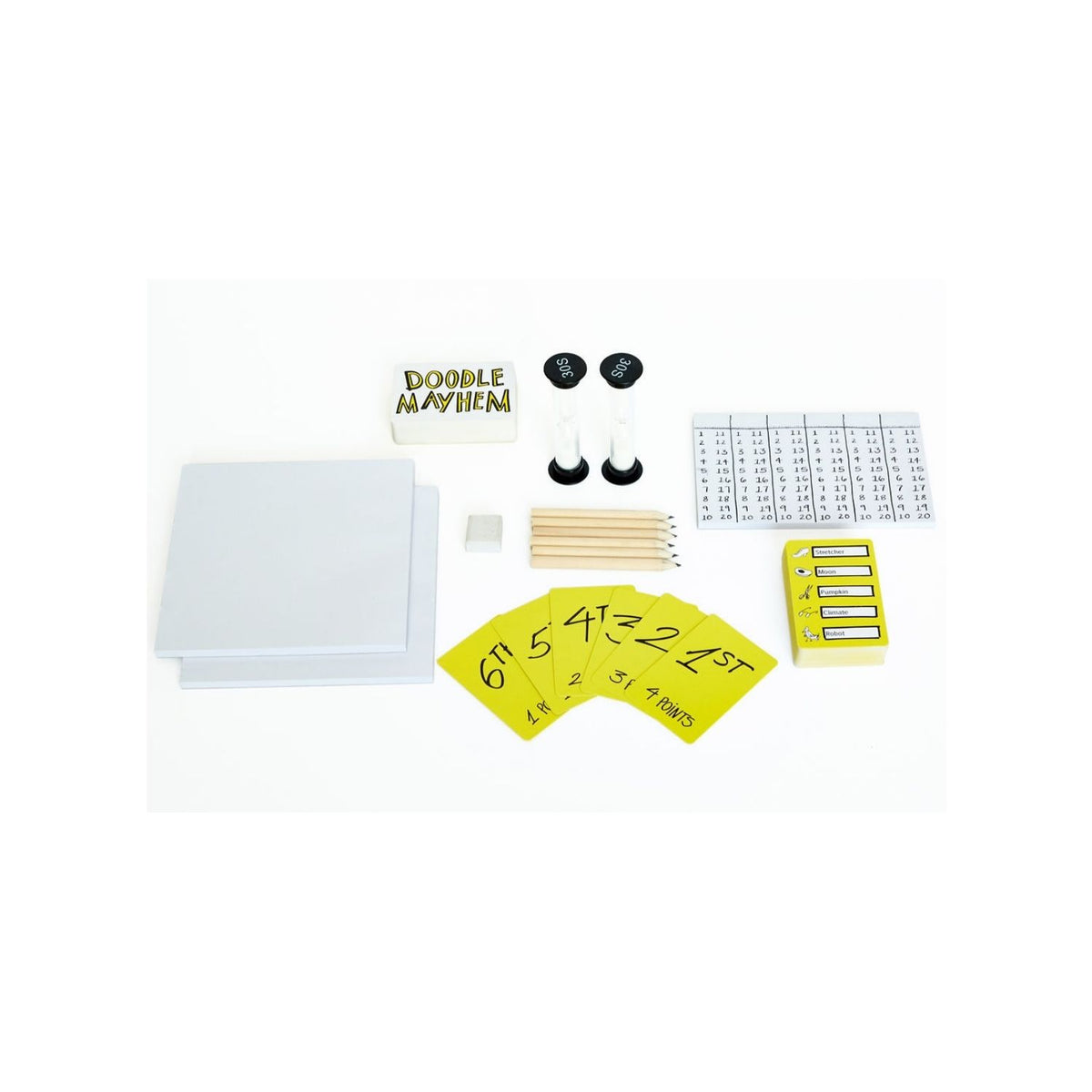 The image shows the box of the &#39;Doodle Mayhem&#39; bankers drawing game. It features a white background with doodle-style illustrations of various objects and characters, such as a clock, a shoe, and a musical instrument, in a colorful and playful design.
