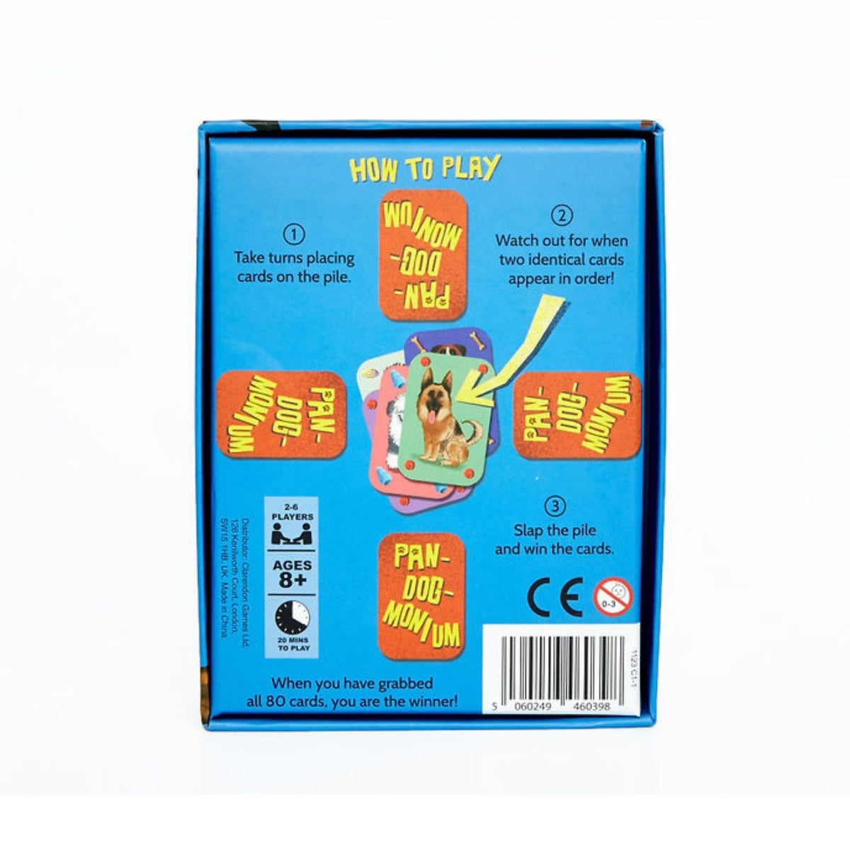 A boxed card game titled &#39;PanDogMonium&#39; featuring colorful illustrations of dogs and dog toys on a blue background. Back Cover