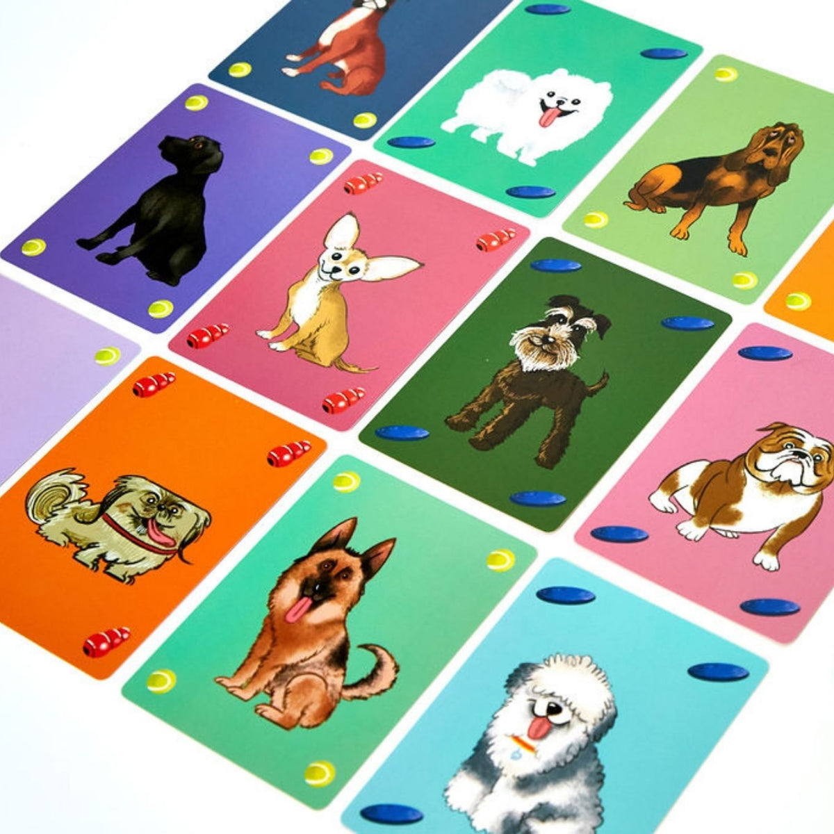A boxed card game titled &#39;PanDogMonium&#39; featuring colorful illustrations of dogs and dog toys on a blue background.