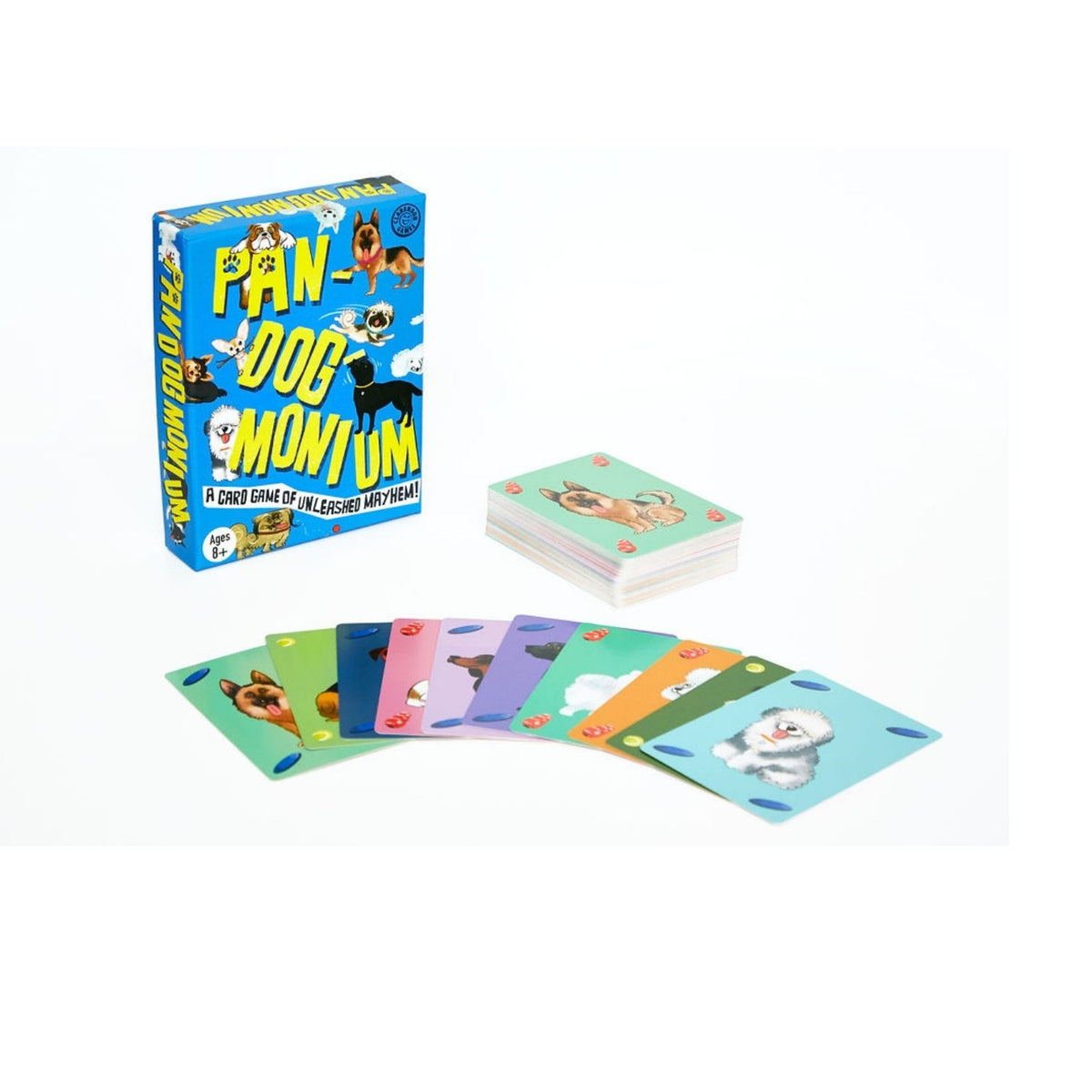 A boxed card game titled &#39;PanDogMonium&#39; featuring colorful illustrations of dogs and dog toys on a blue background.