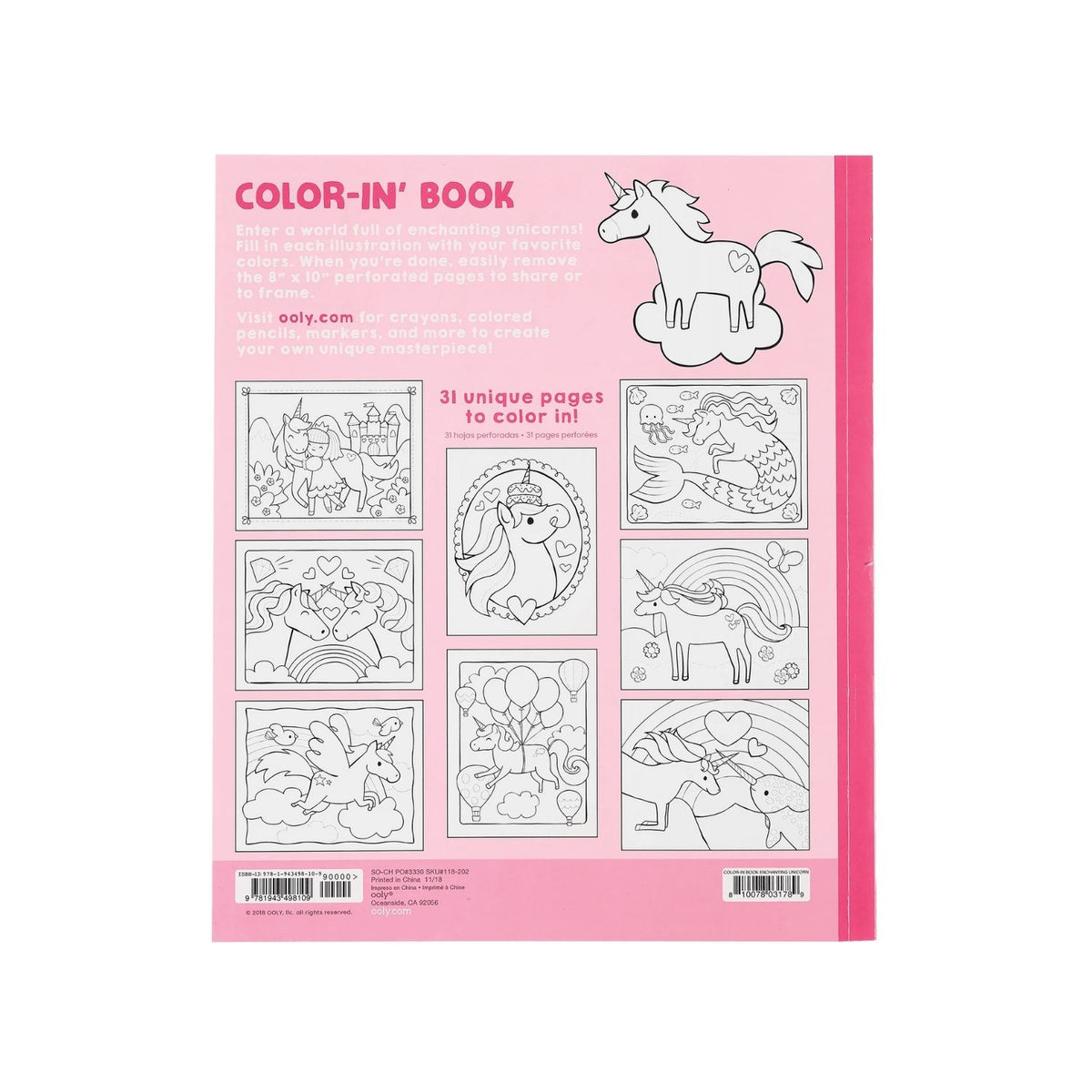 Back cover of the &#39;Enchanting Unicorns Colouring Book&#39; featuring illustrated unicorns, castles, and a rainbow.