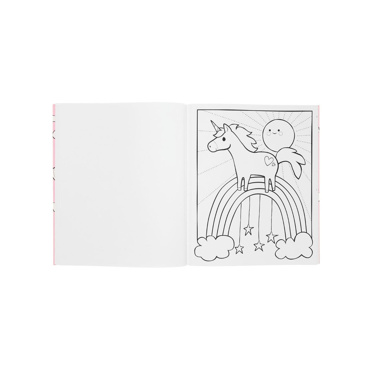 Inside of the &#39;Enchanting Unicorns Colouring Book&#39; featuring illustrated unicorns, castles, and a rainbow.
