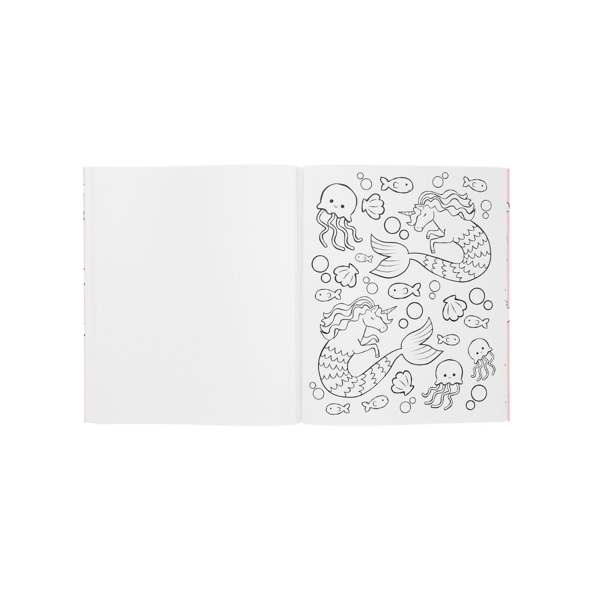 Inside of the &#39;Enchanting Unicorns Colouring Book&#39; featuring illustrated unicorns, castles, and a rainbow.