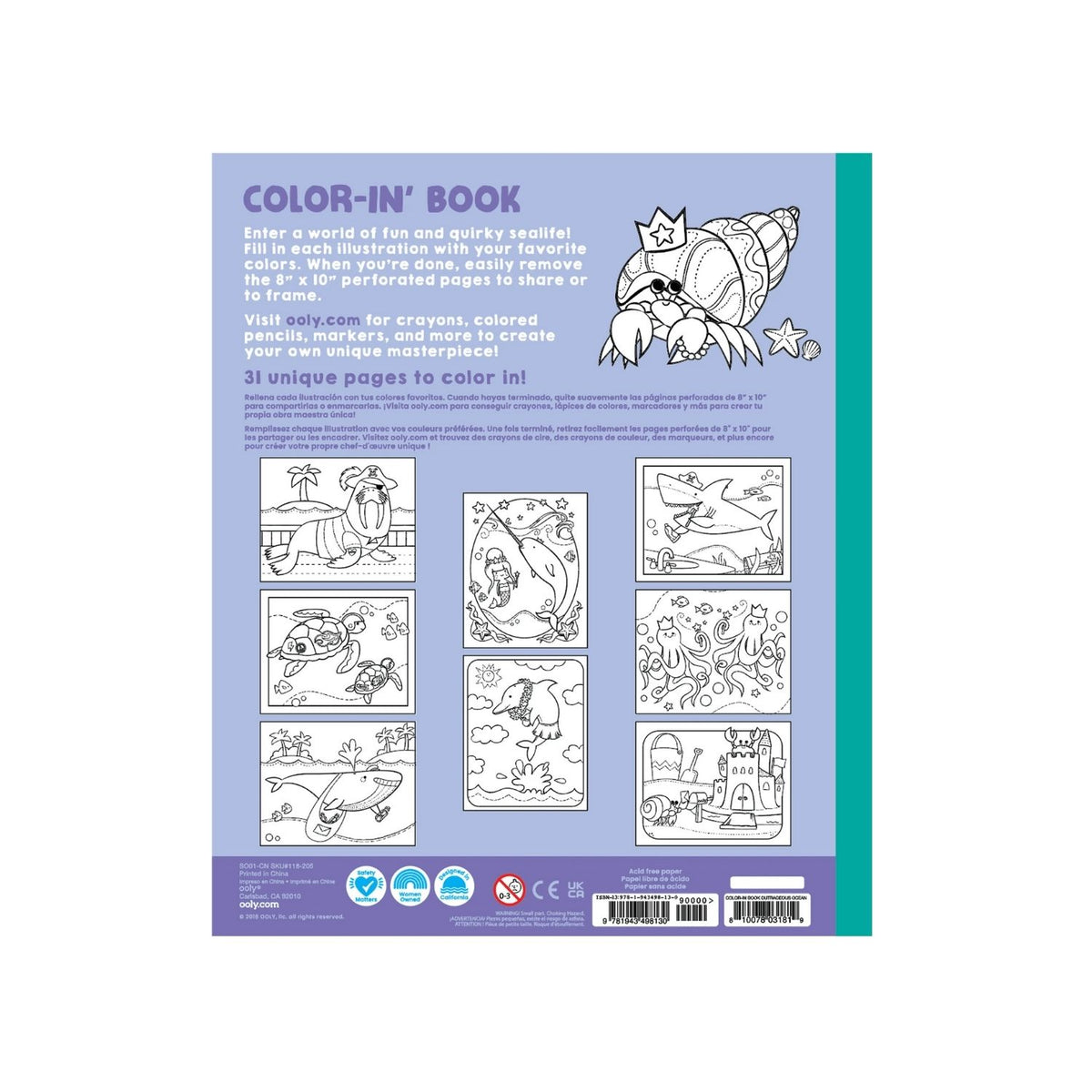 Back Cover of the &#39;Outrageous Ocean Colouring Book&#39; featuring colorful illustrations of sea creatures and a child with a bucket.