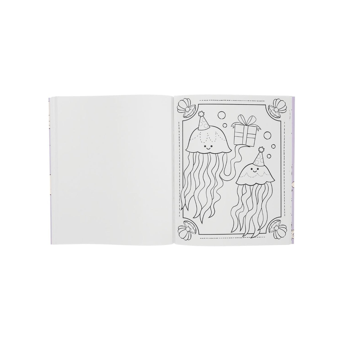 Inside of the &#39;Outrageous Ocean Colouring Book&#39; featuring colorful illustrations of sea creatures and a child with a bucket.