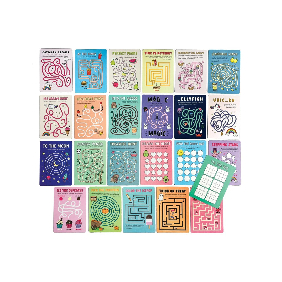 Contents of Mini Mazes Activity Cards featuring space-themed illustrations with rockets and planets, and text detailing the product is suitable for ages 4 and up, with 24 activity cards included.