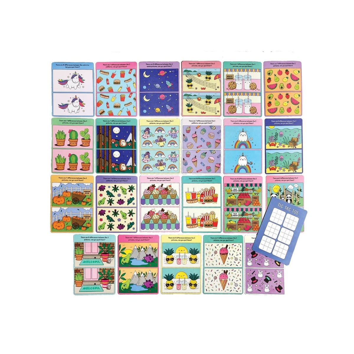 Contents of  &#39;Spot the Difference&#39; activity cards featuring illustrations of ice cream cones and outer space on yellow background, with text detailing the product name and quantity of 24 activity cards.