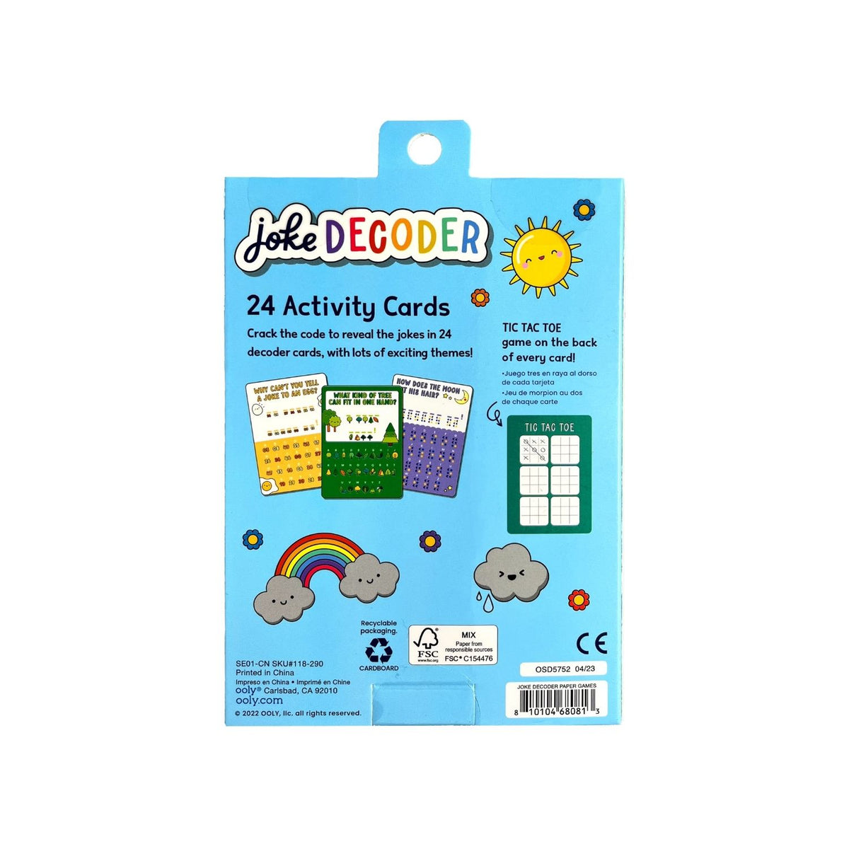 Packaging for &#39;Joke Decoder Activity Cards&#39; featuring 24 activity cards for children with a focus on puzzle-solving and humor.