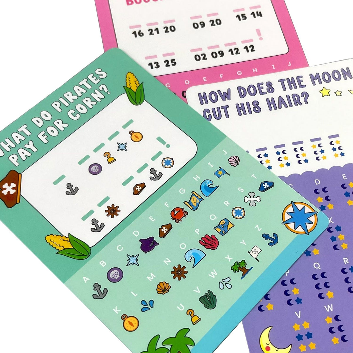 contents of &#39;Joke Decoder Activity Cards&#39; featuring 24 activity cards for children with a focus on puzzle-solving and humor.