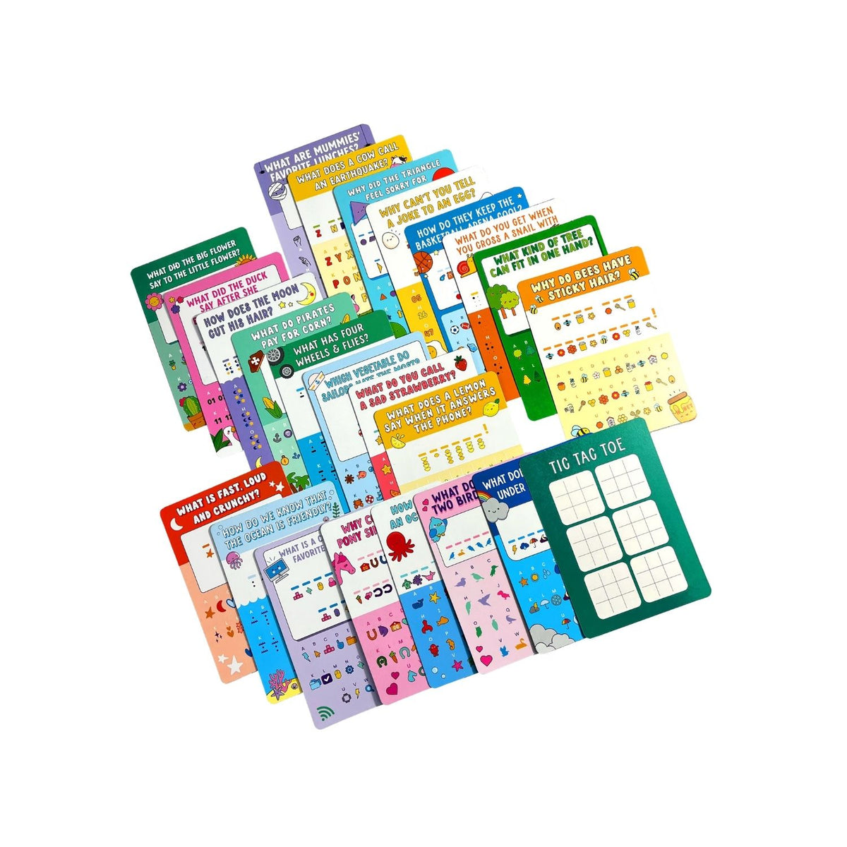 Contents of  &#39;Joke Decoder Activity Cards&#39; featuring 24 activity cards for children with a focus on puzzle-solving and humor.