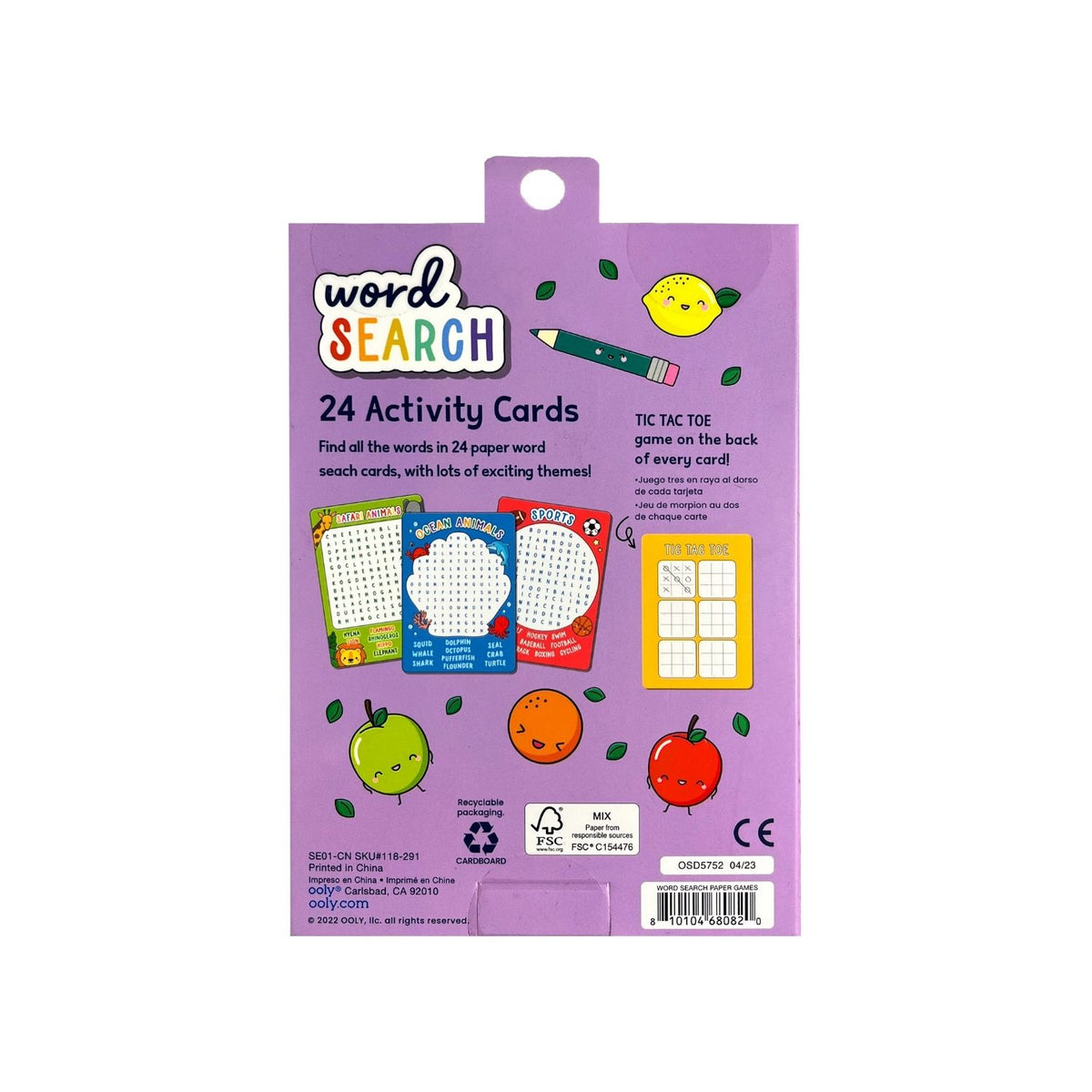 A pack of Word Search Activity Cards featuring 24 puzzle cards with different themes such as back-to-school and breakfast foods. The packaging is colorful with illustrations of fruits