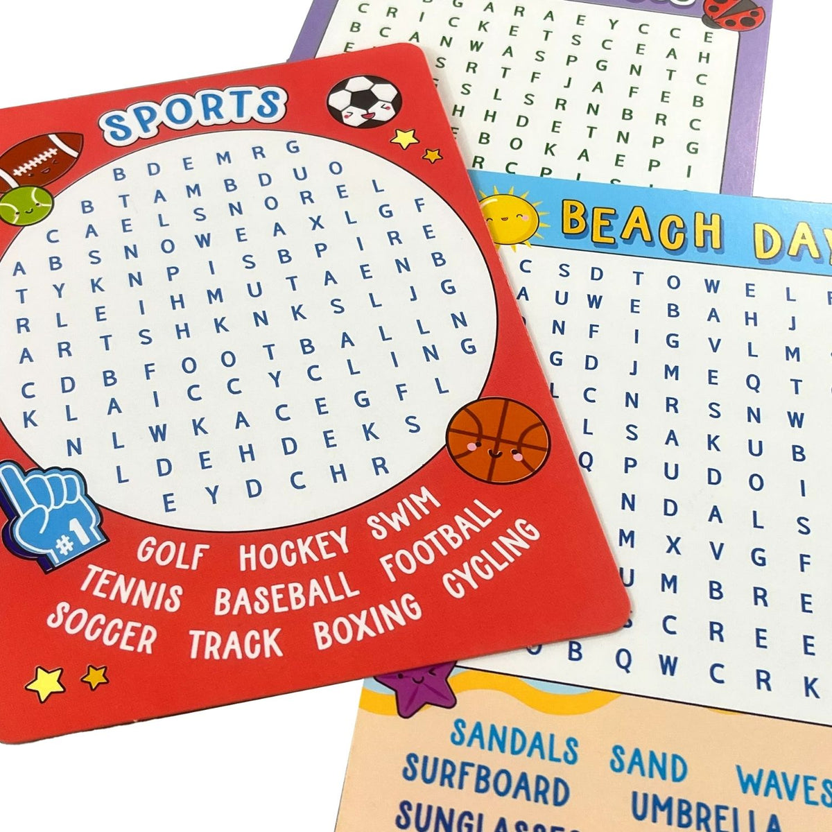 Contents of Word Search Activity Cards featuring 24 puzzle cards with different themes such as back-to-school and breakfast foods. 