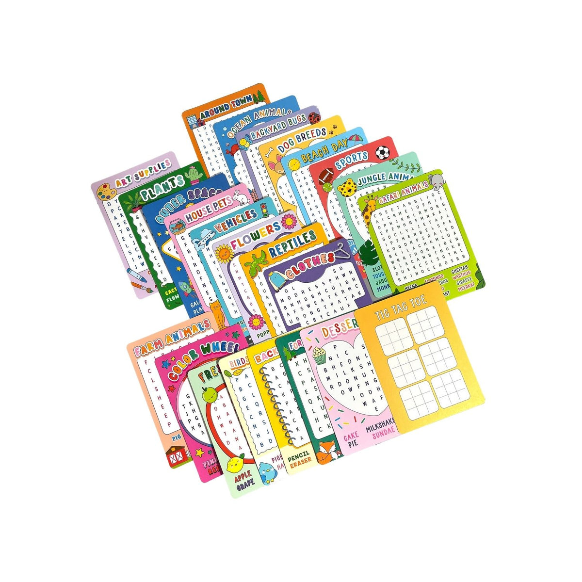Contents of Word Search Activity Cards featuring 24 puzzle cards with different themes such as back-to-school and breakfast foods. 