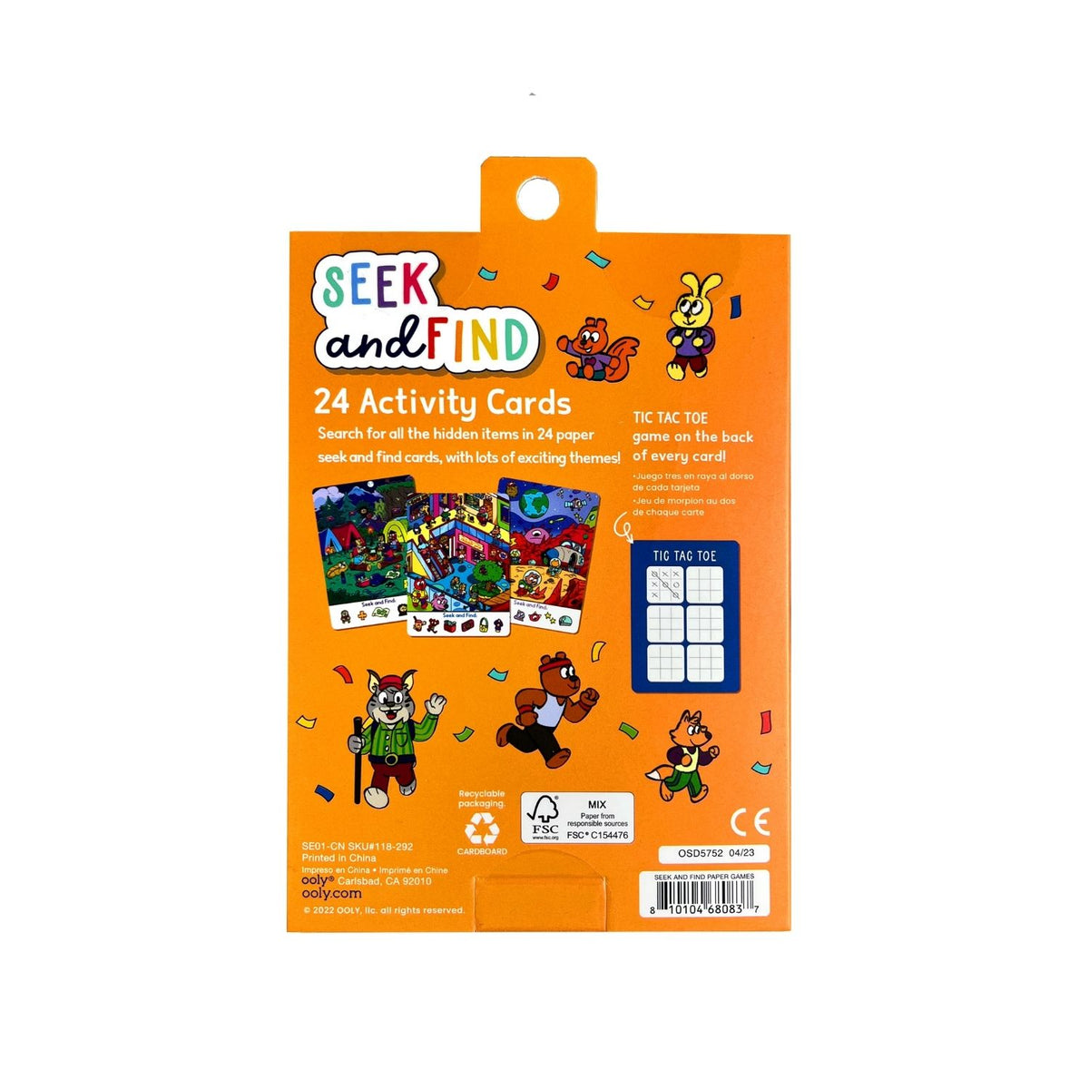 Back of Packaging for OOLY Seek &amp; Find Activity Cards featuring illustrations of colorful characters and scenes on orange background