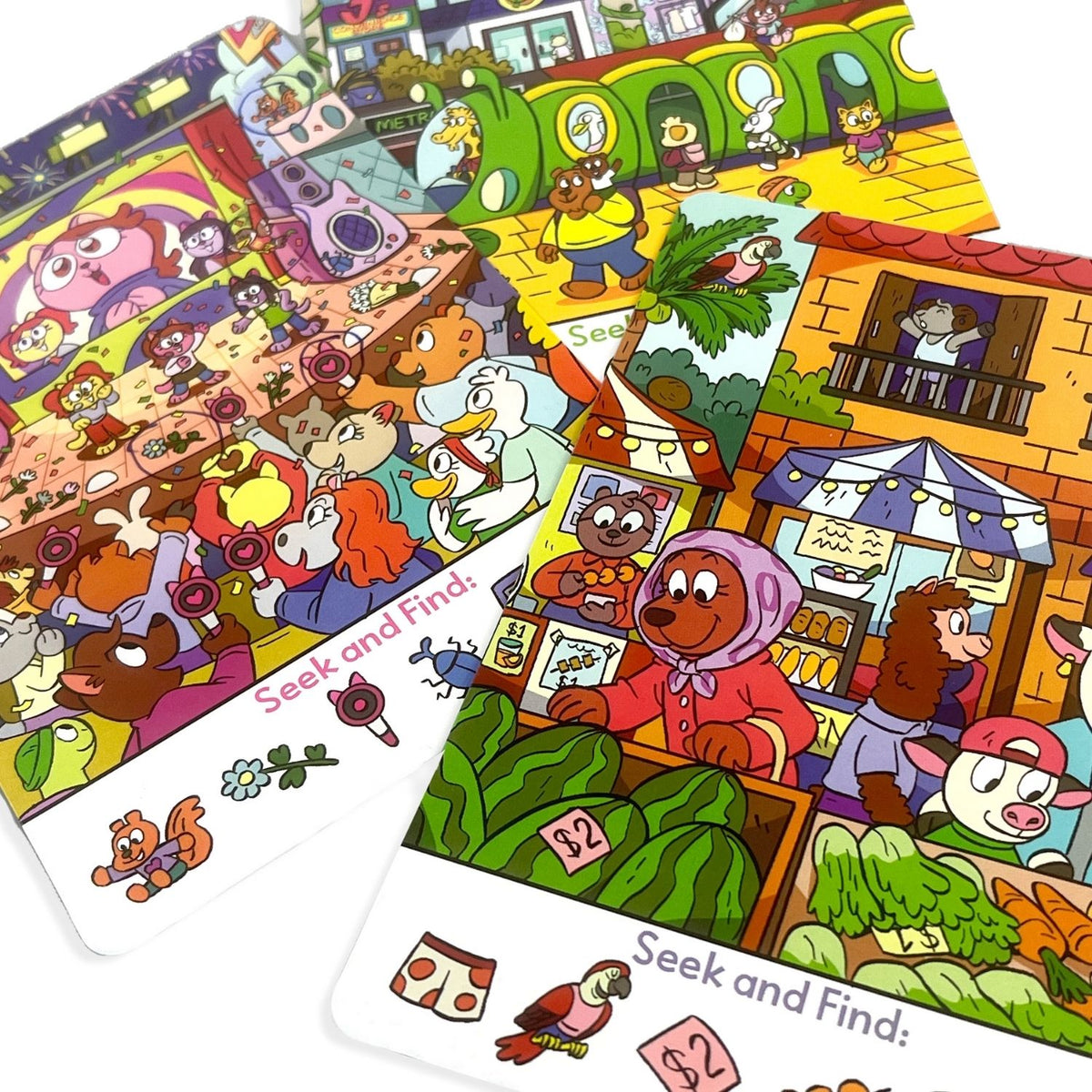 Contents of OOLY Seek &amp; Find Activity Cards featuring illustrations of colorful characters