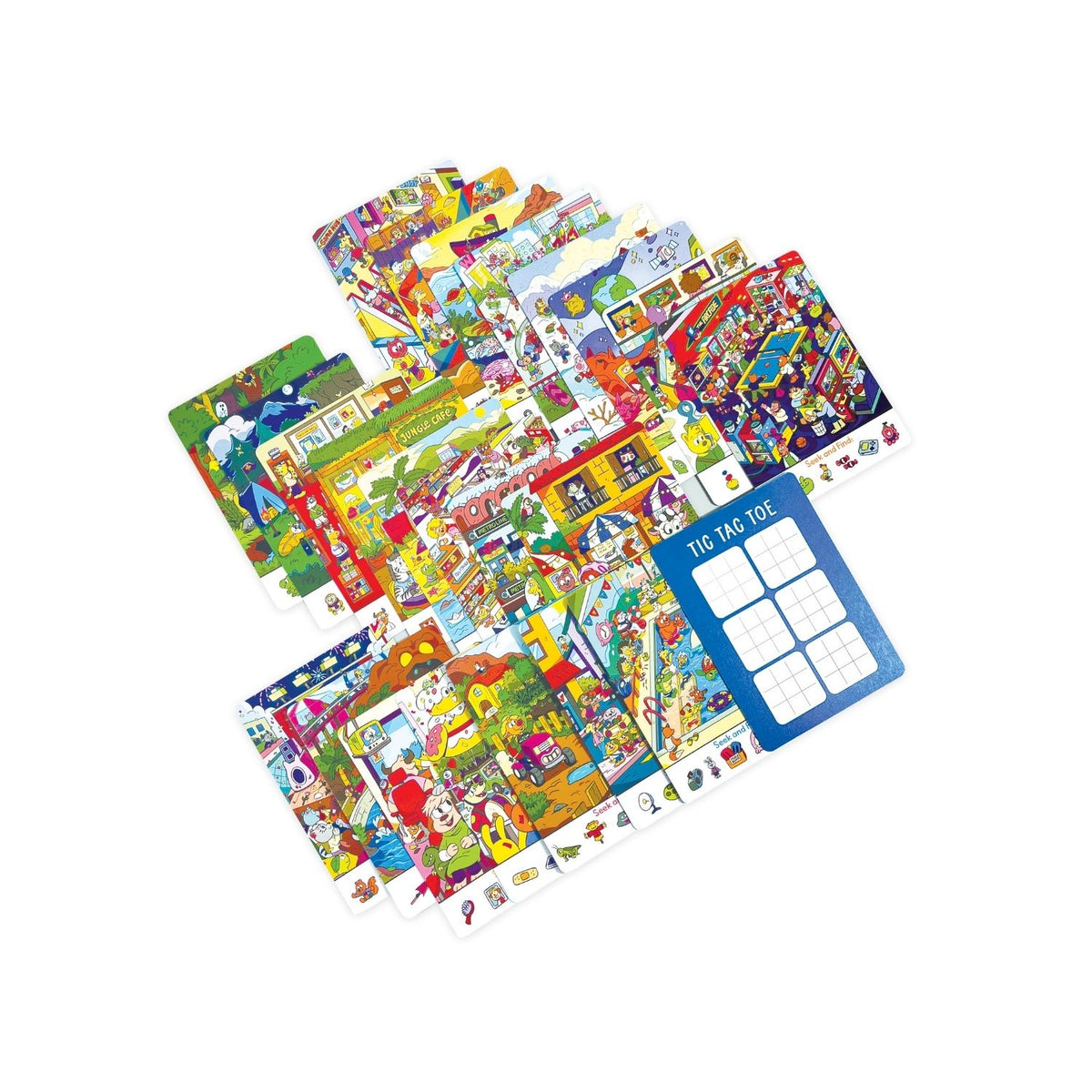 Contents of OOLY Seek &amp; Find Activity Cards featuring illustrations of colorful characters and scenes on orange background