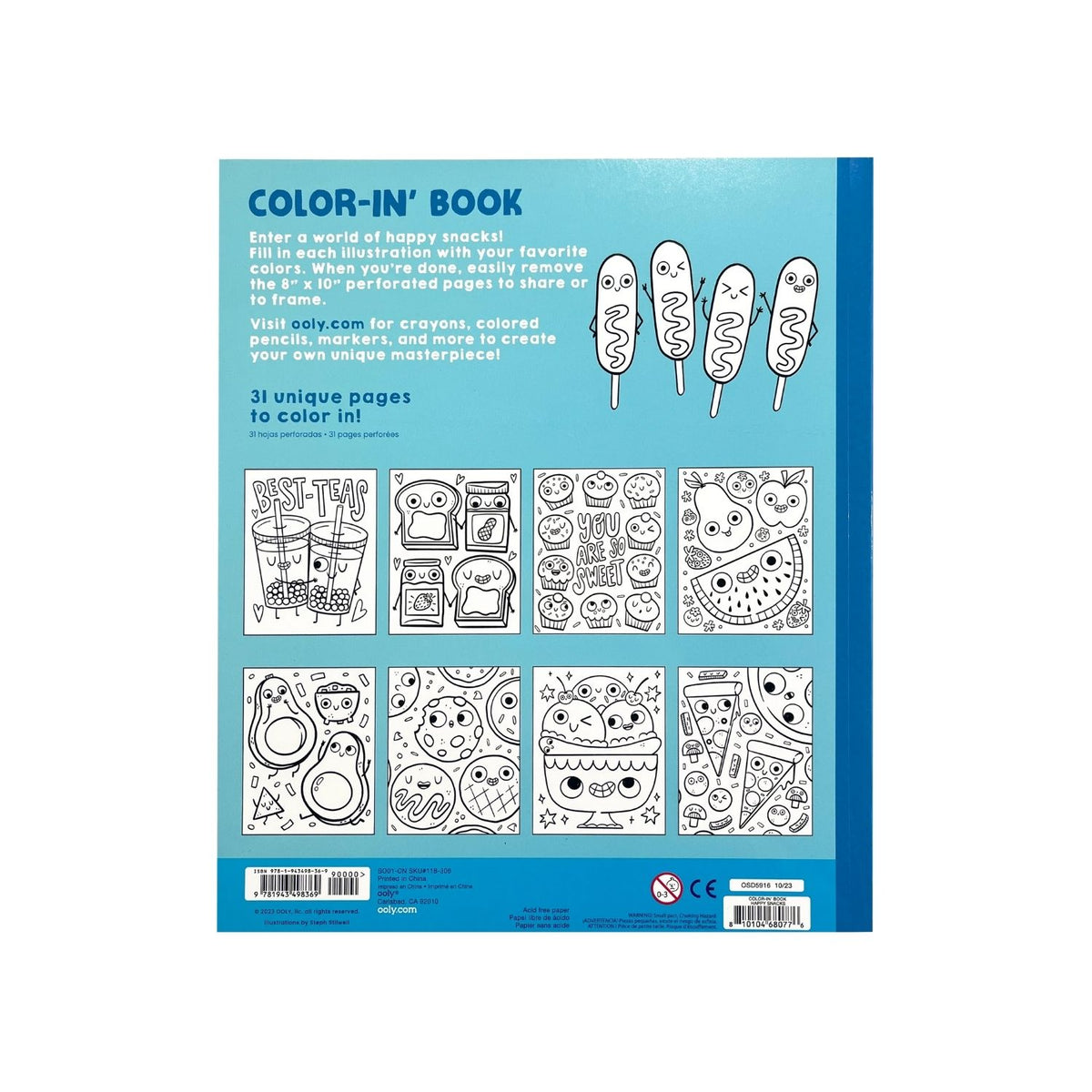 back cover of &#39;Happy Snacks Colouring Book&#39; featuring various cartoon snack characters like pizza, ice cream, and cupcakes.