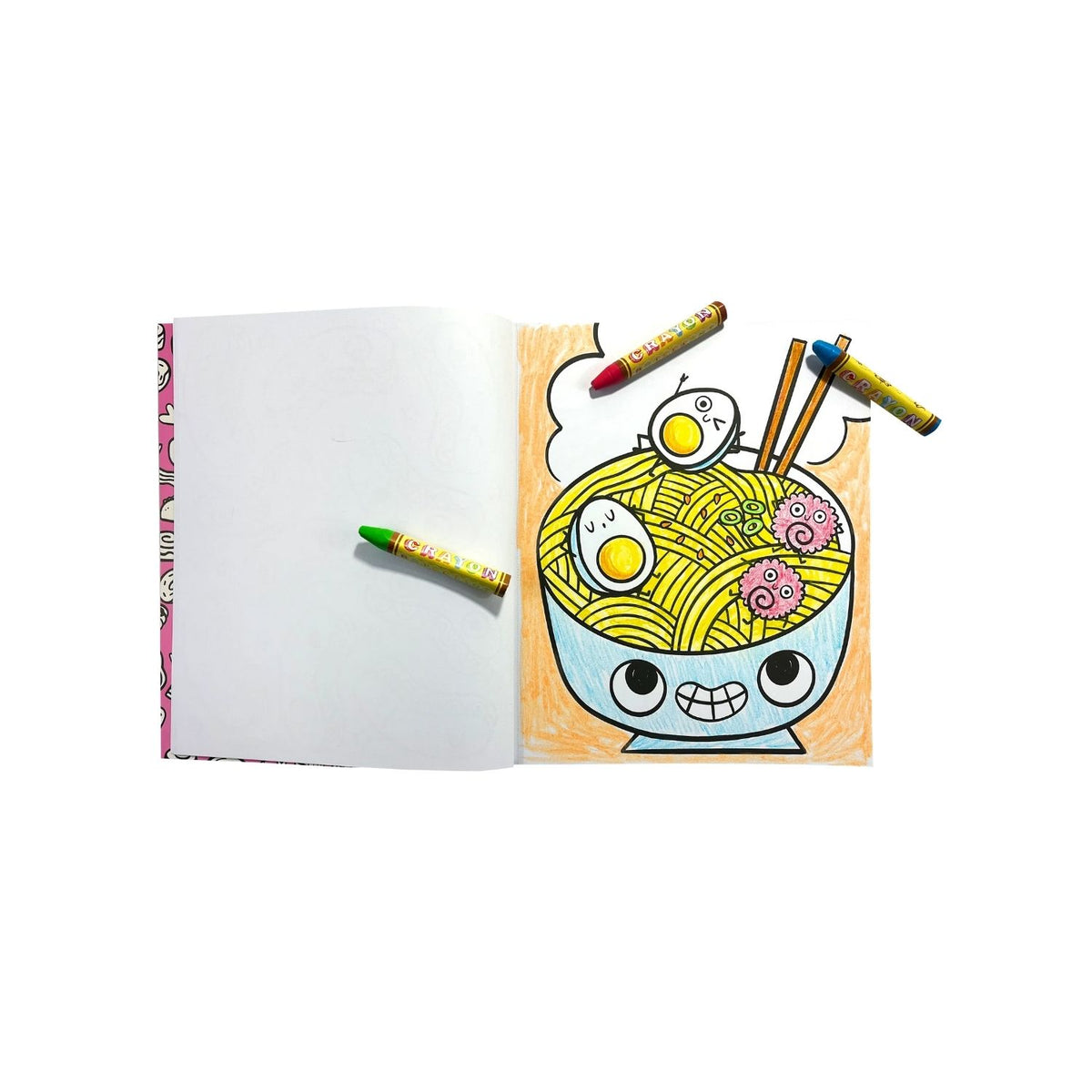 Inside of of &#39;Happy Snacks Colouring Book&#39; featuring various cartoon snack characters like pizza, ice cream, and cupcakes.