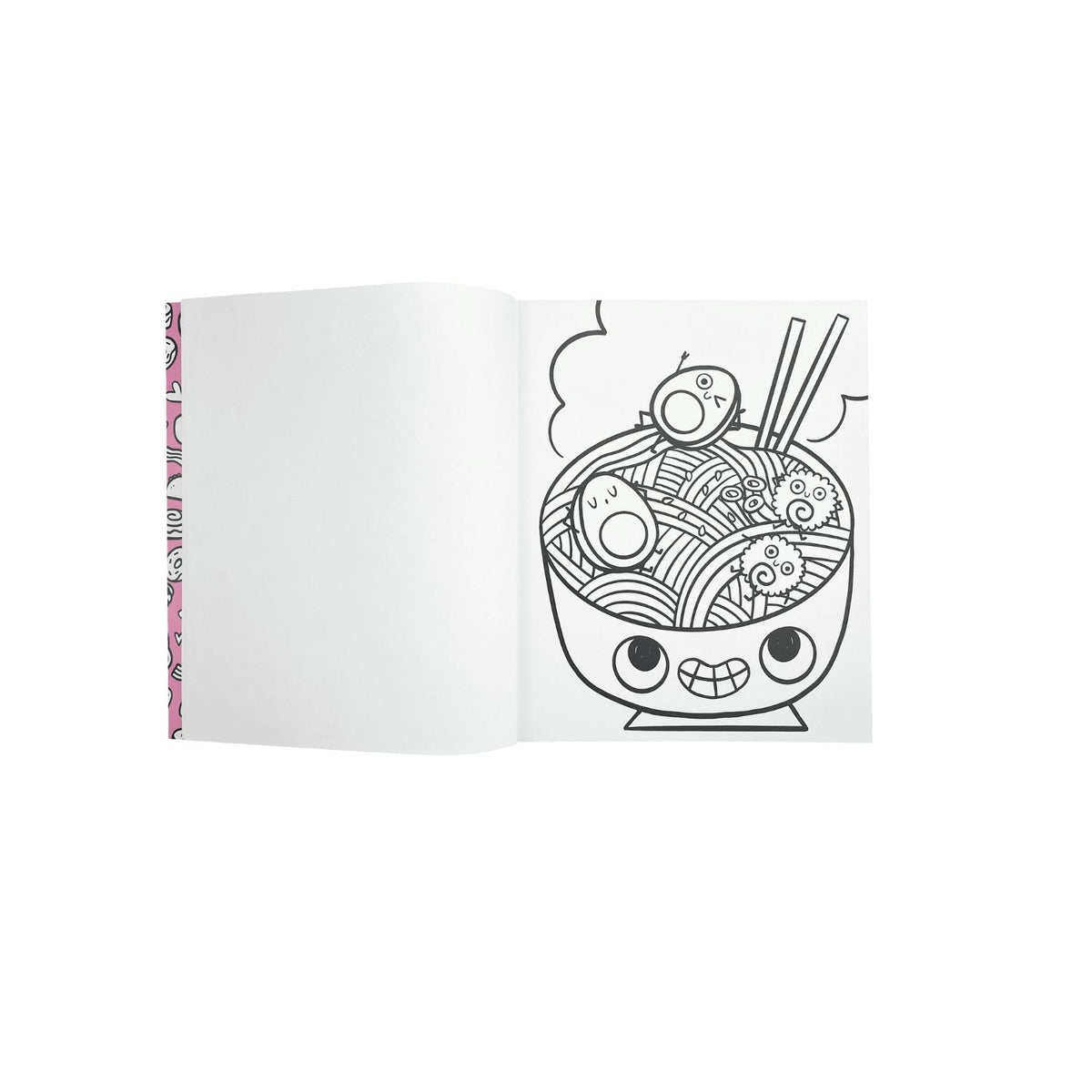 Inside of of &#39;Happy Snacks Colouring Book&#39; featuring various cartoon snack characters like pizza, ice cream, and cupcakes.