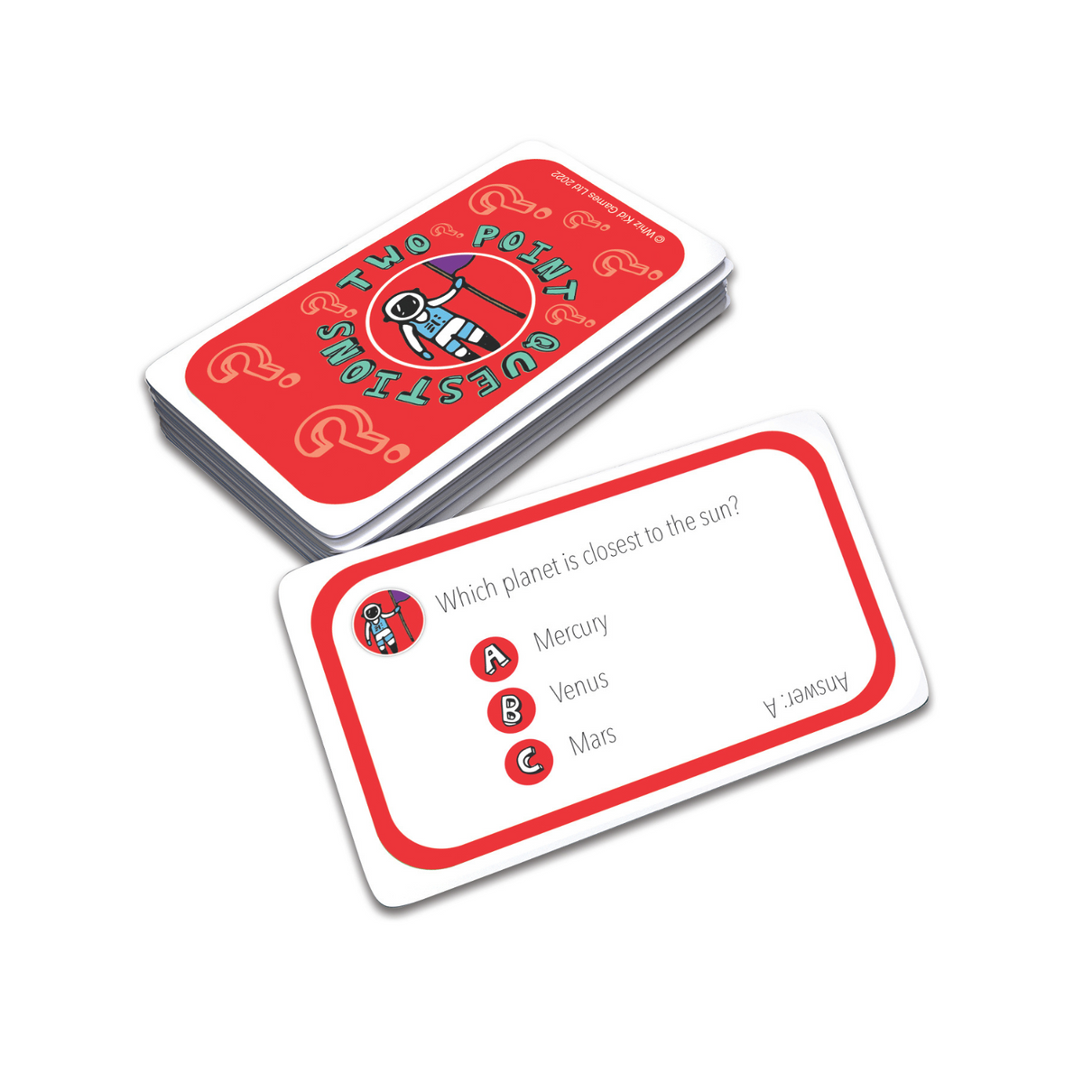 Card game with question card and answer card on a white background