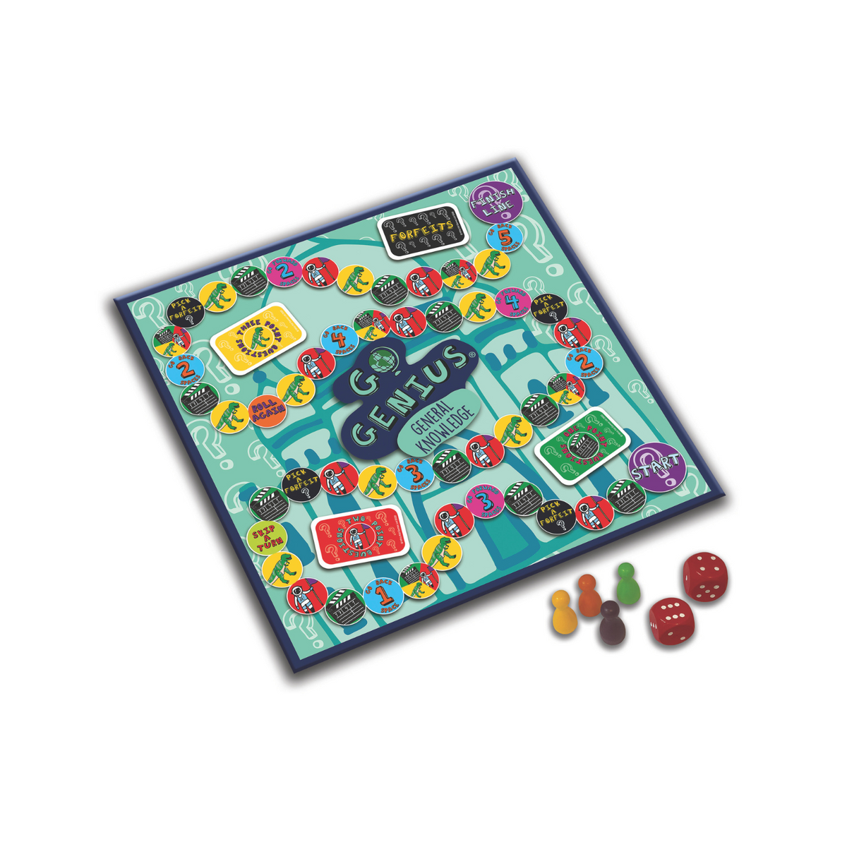 Board game with colorful tiles and game pieces on a white background