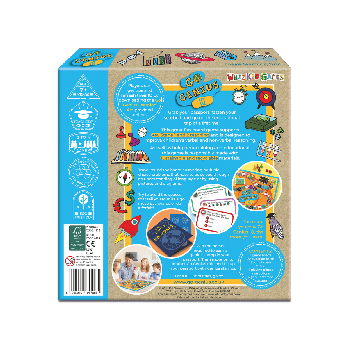 Back view of a children's educational board game packaging with colorful graphics and text.